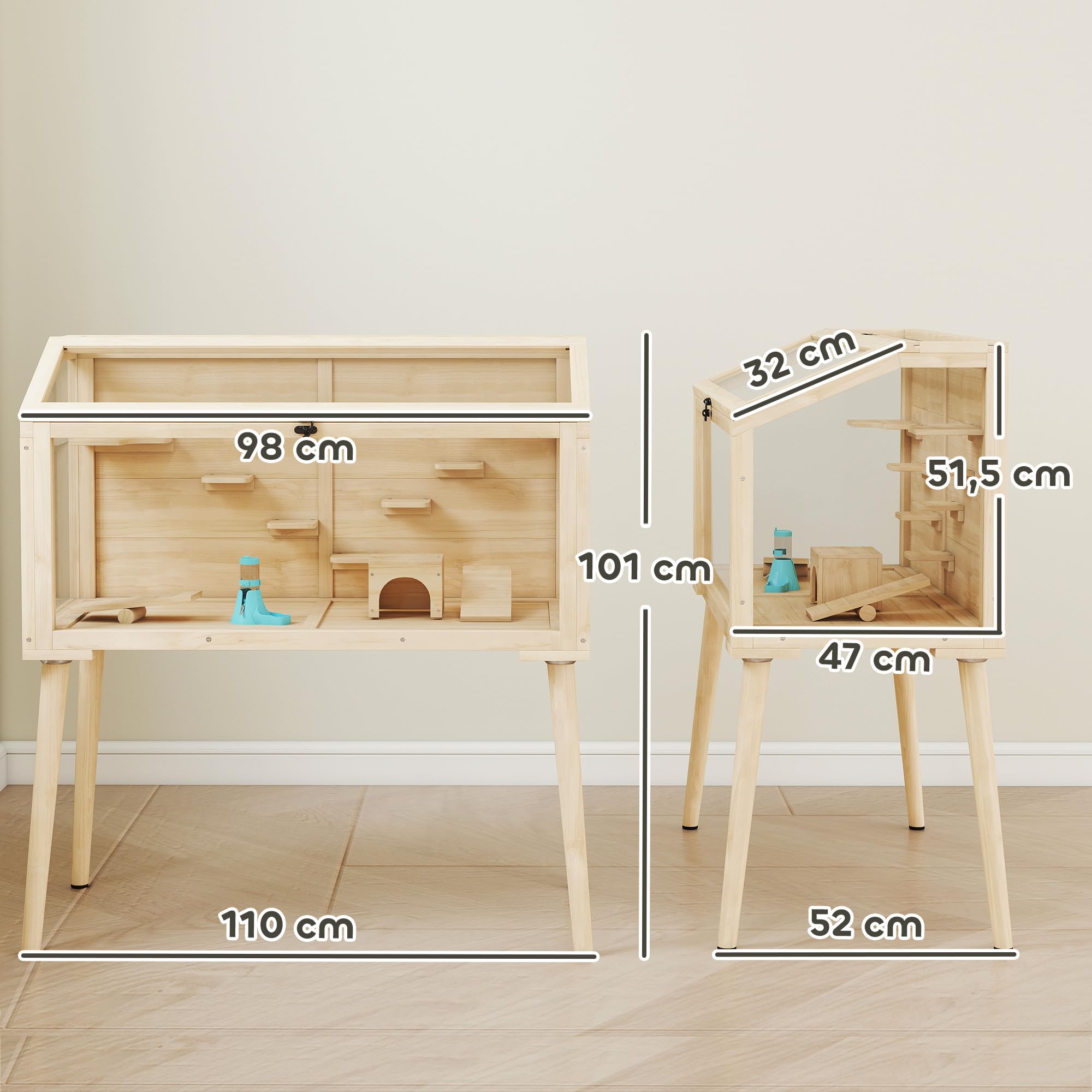 PawHut Klatka dla chomików, klatka dla chomików karłowatych, domek dla małych zwierząt z akcesoriami, butelka na wodę, 110 x 52 x 101 cm, drewno, plastik