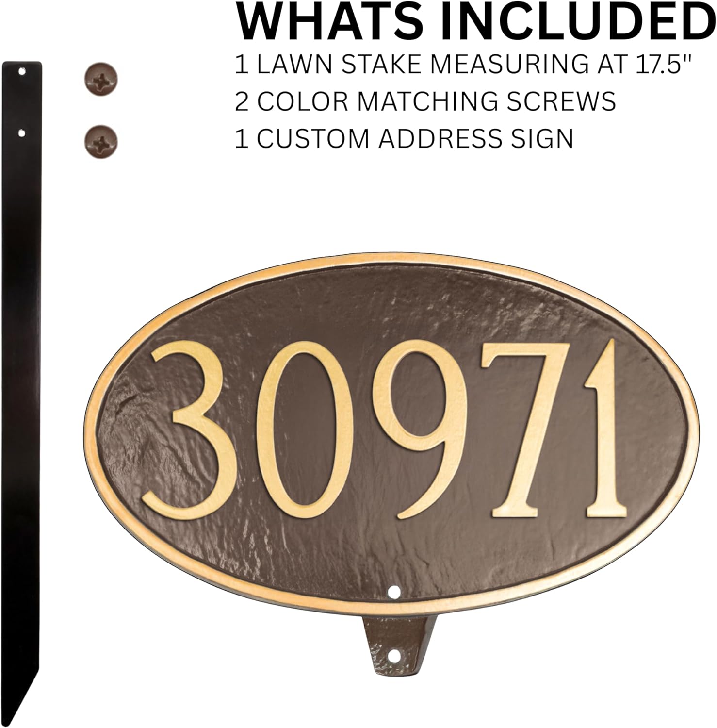 Montague Metal Products Cast Metal Address Plaque with lawn stake, USA Made Custom House Number Sign, Classic Oval,10 x 6 inches, Chocolate with Gold