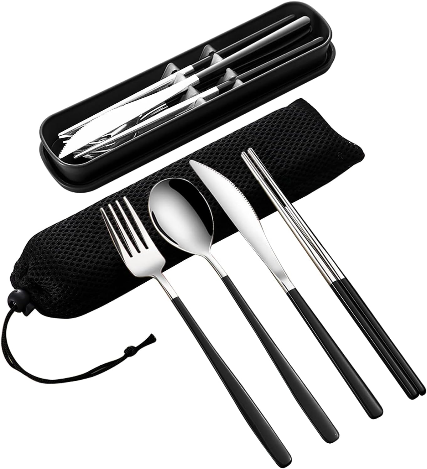 VANRA 4-Piece Portable Travel Utensils Set with Case 18/10 Stainless Steel Flatware Set Reusable Cutlery Set with Fork Spoon Knife Chopstick for Lunch Travel Camping School Work Picnic (Black)