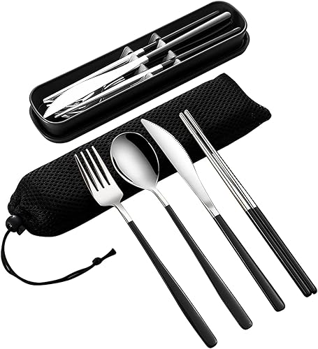 VANRA Juego de utensilios de viaje portátiles de 4 piezas con estuche, juego de cubiertos de acero inoxidable 188, juego de cubiertos reutilizables