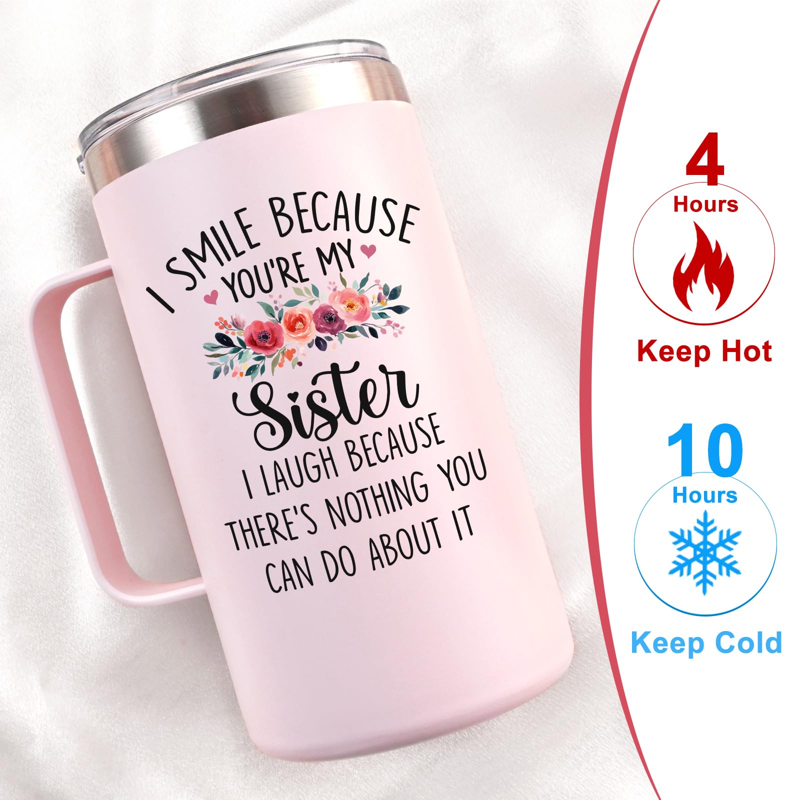 Lifecapido Sister Gifts from Sisters, I Smile Because You’re My Sister 20oz Insulated Coffee Mug with Keychain, Birthday Christmas Mothers Day Gifts for Sisters, Rose Quartz