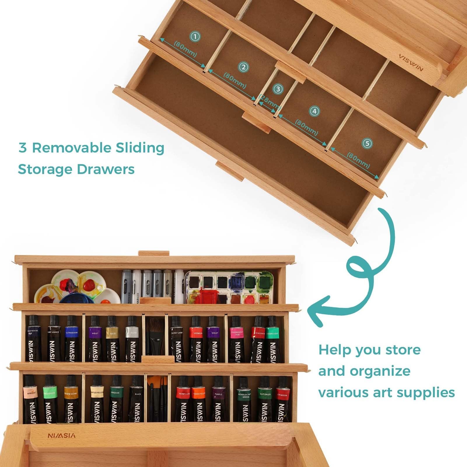 Caballete de mesa para pintar, caballete de madera de haya ajustable con 3 cajones de almacenamiento, caballete de viaje de escritorio para adultos, artistas y estudiantes