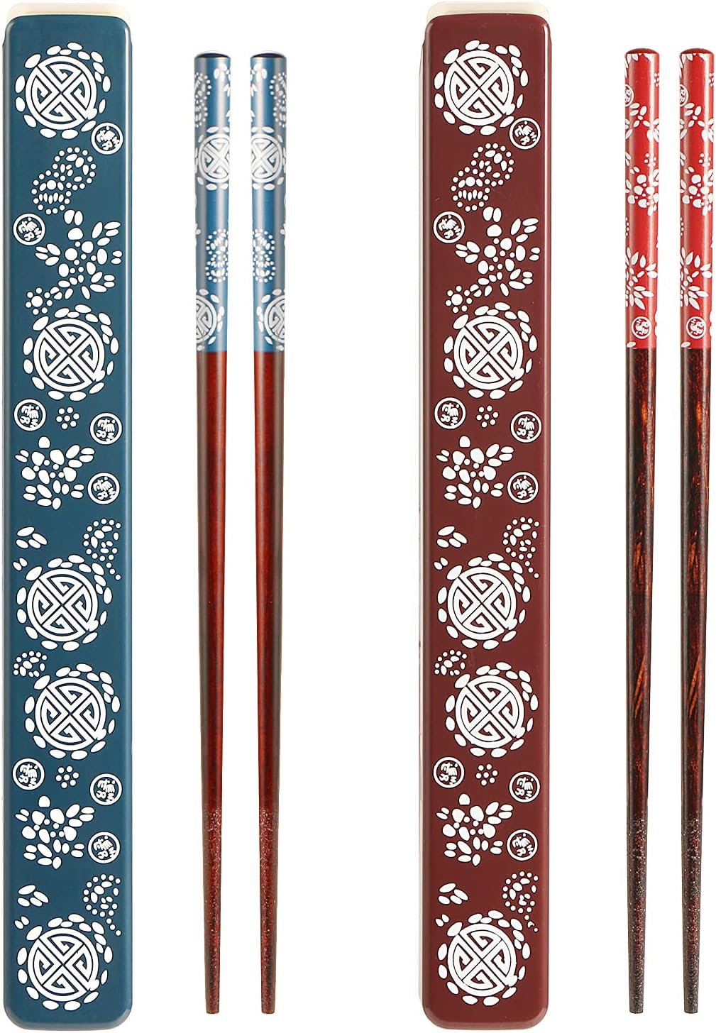 2 Pairs Portable Chopsticks Set with Case - Reusable Natural Wooden Chopsticks - Japanese Style Eco-Friendly for Sushi, Noodle, Picnic, Kitchen - Blue and Red, White
