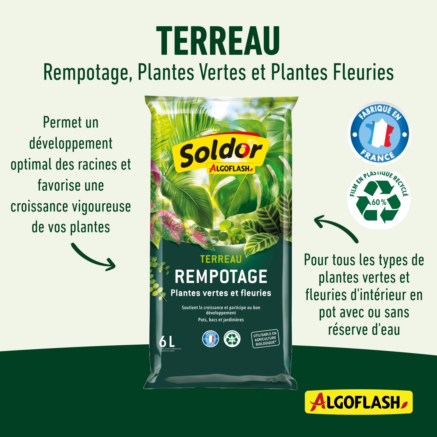 ALGOFLASH Terreau Rempotage Plantes Vertes et Plantes Fleuries, UAB, Prêt à l'Emploi, Fabriqué en France, 6 L,TREMP6
