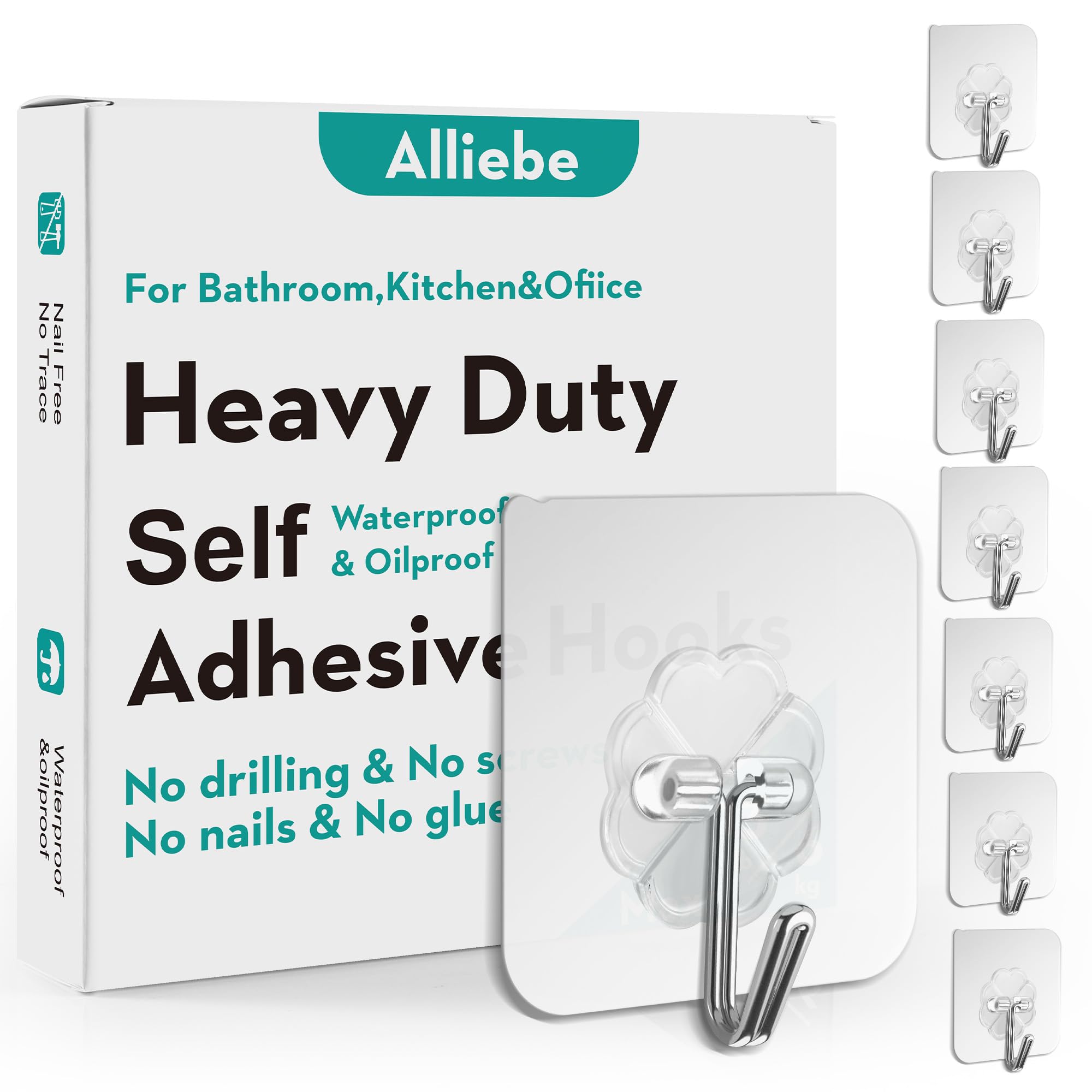 Alliebe 24pcs Adhesive Hooks Wall Hooks 6KG(Max) Transparent Reusable Seamless Nail Hooks Waterproof and Oilproof,Bathroom Kitchen Utility Towel Mug Cups Spatula Can Opener Scissors Hooks