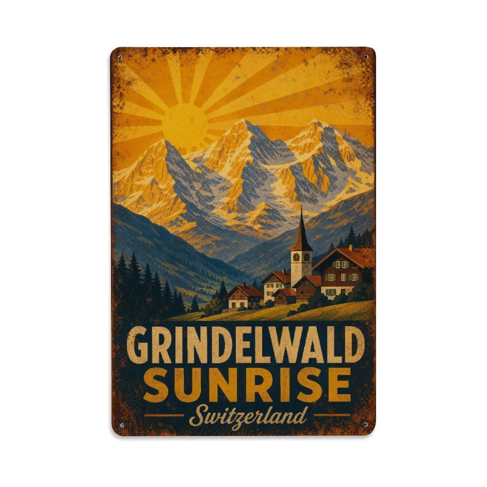 Gead 8X12inch Style Vintage Travel Grindelwald Switzerland Sunrise Metal Tin Sign