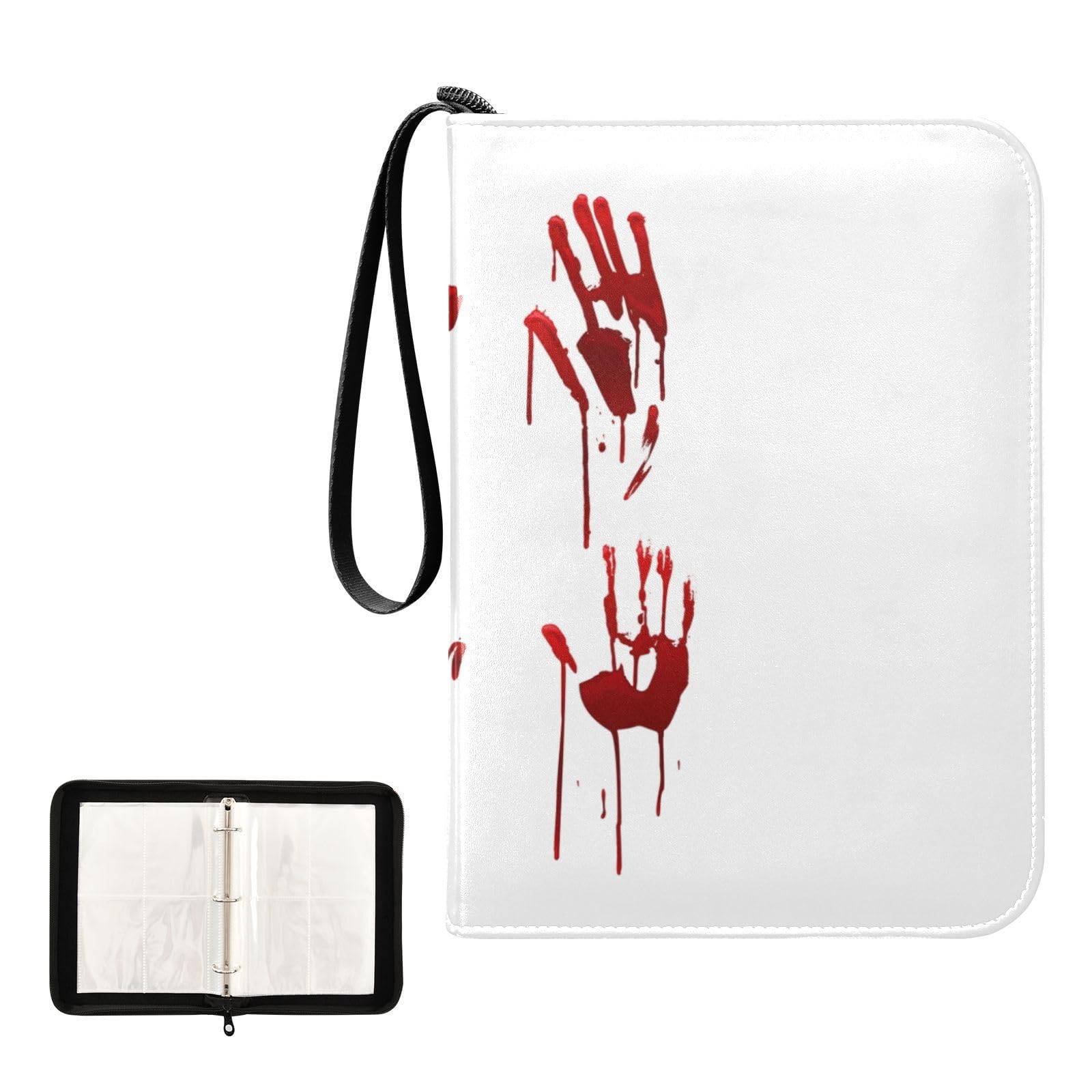 Oyihfvs Halloween Bloody Hand Prints Set Horror and Dirty Bleeding Red Palm PU Leather Card Storage Bag, With Zipper Waterproof 50 Pages 400 Slots Card Bag for Students Home School 15.74 x 9.64 inch