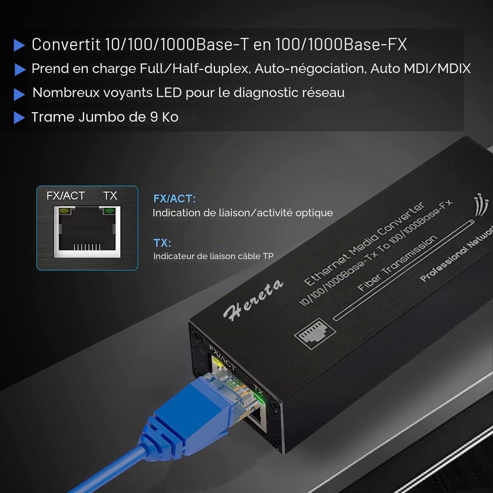 Convertisseur de média Gigabit Ethernet, Convertisseur de média à Fibre Optique avec 1,25G Monomode LC Double Fibre SFP Module, 10/100/1000M RJ45 à 1000Base-SX SFP, 1310nm, 20km