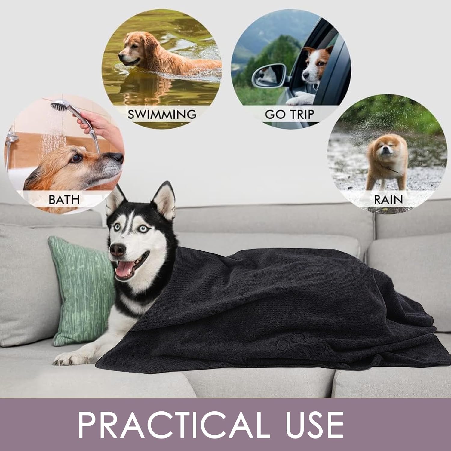 KinHwa Dog Towels Super Absorbent Microfiber Dog Drying Towel for Drying Dogs Soft Pet Bath Towels and Cats with Embroidered Paw Black and Grey 30inch x 50inch