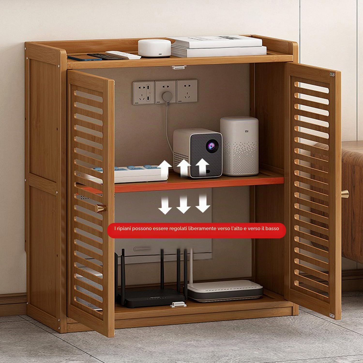 Armadio Porta Router WiFi in bambù con Ripiani Regolabili Armadio Multifunzionale Indipendente con 2 Ante Scatola Nascosta per Router WiFi per Camera Soggiorno E Uffici,Bianca,59 * 25 * 82cm