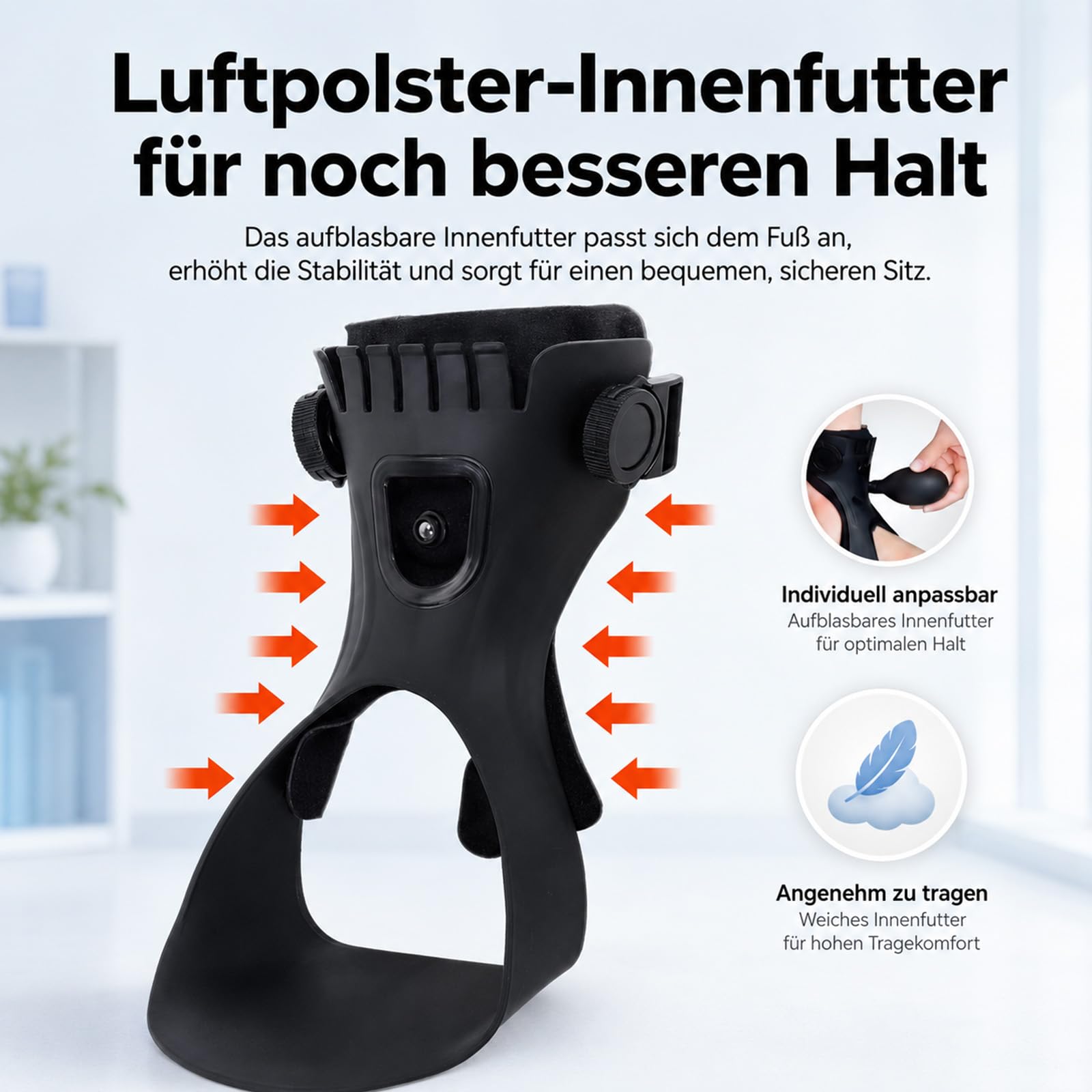 Woluna Fußheber mit Luftpolster für stabileren Gang (L, Links) | Weiche Kunstleder-Innenseite, verstellbarer Halt und belüftetes Design für angenehmes Tragen im Alltag