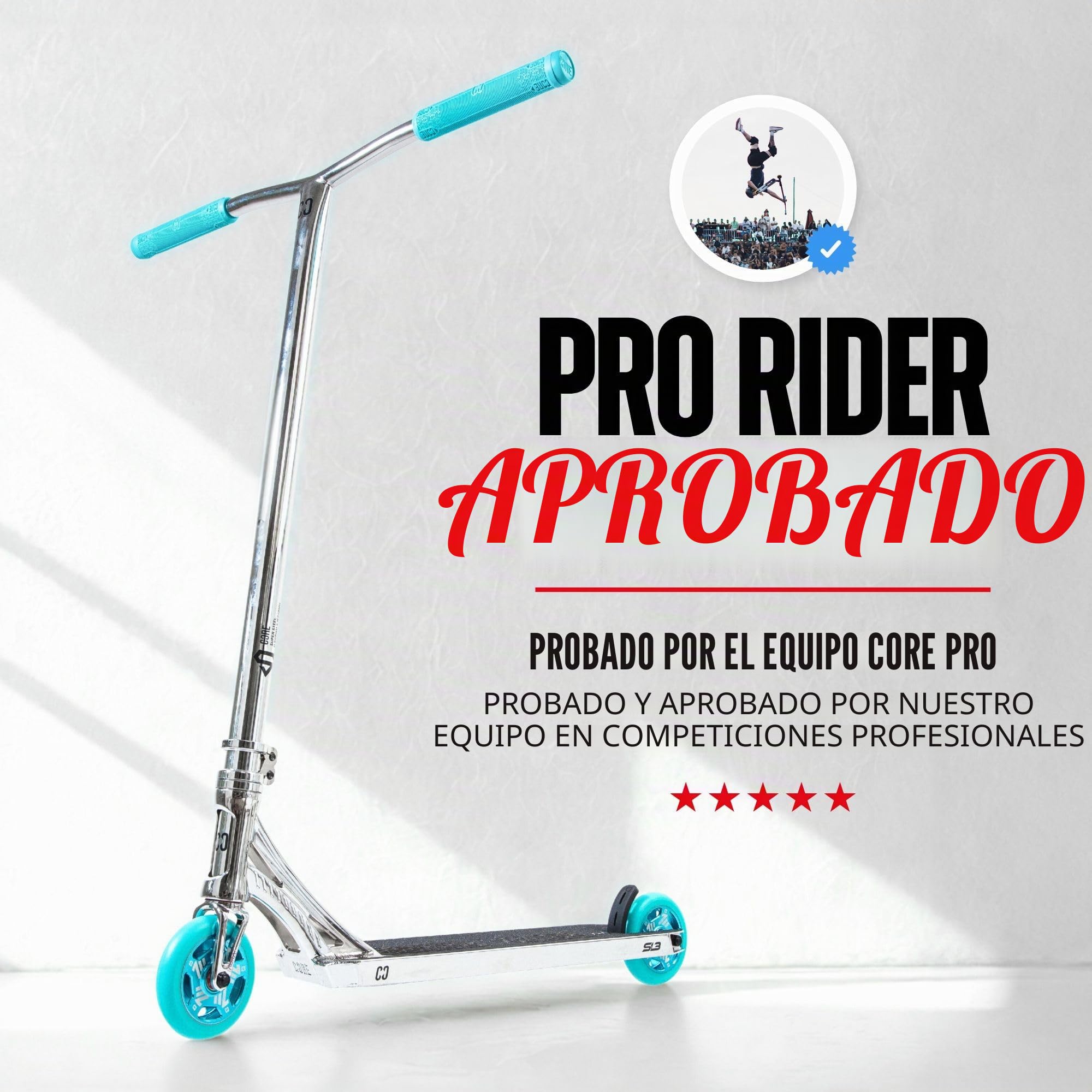 CORE SL3 - Patinete completo - Patinete profesional para cualquier edad - Scooters profesionales para niños y adultos - Listo para montar truco - Cromo/verde azulado