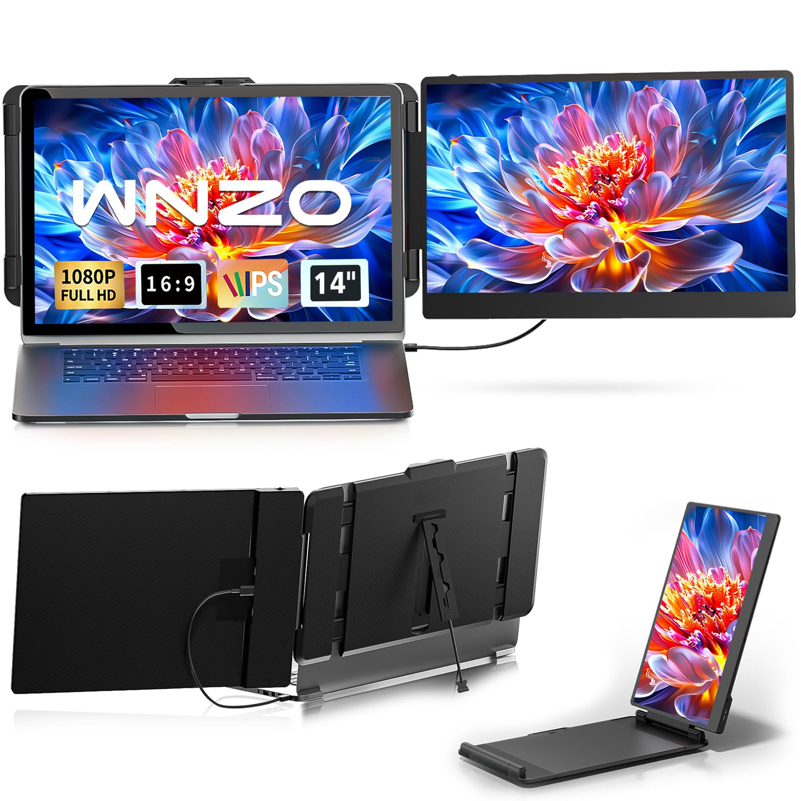 Przedłużacz ekranu laptopa, 35.6 cm FHD IPS przenośny monitor podróżny, drugi ekran do laptopów 33 cm - 43.2 cm, idealny do podróży / pracy zdalnej, kompatybilny z Windows/Mac/Android/Chrome