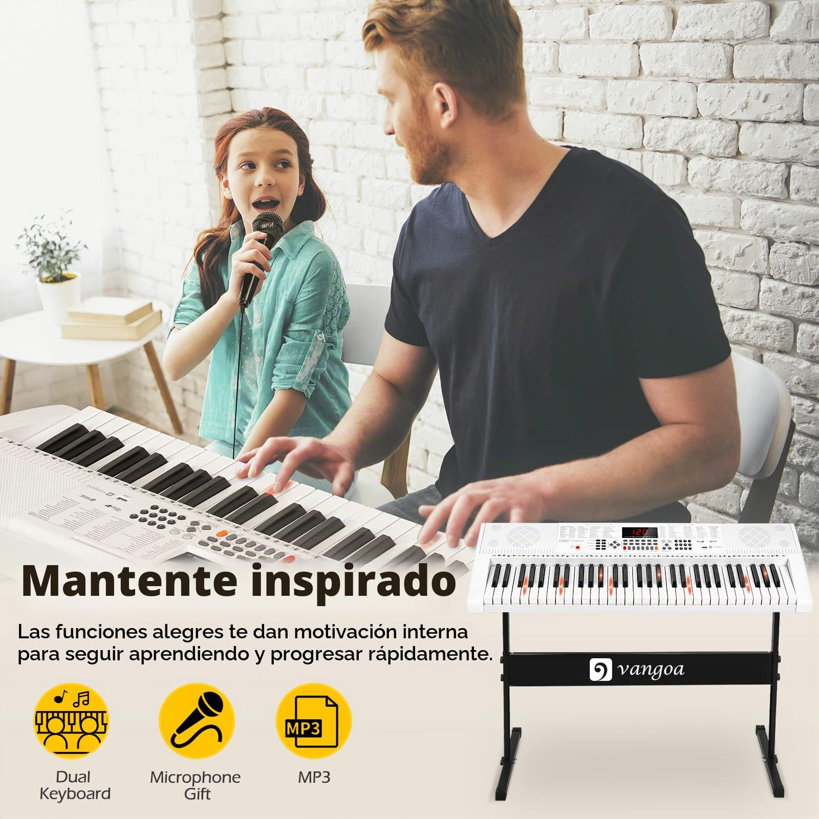 Vangoa Teclado de Piano 61 Teclas Iluminadas Enseñando Electrónicos Teclado Musical con Soporte, Micrófono, 600 timbres, 400 ritmos, 30 demos, Blanco