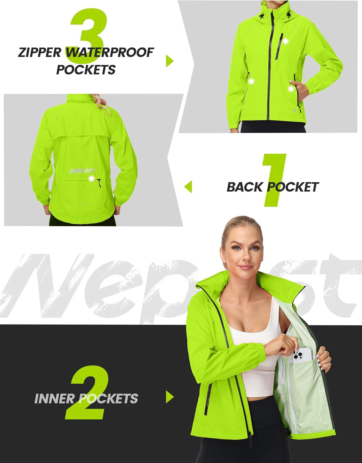 Nepest Womens Cycling Rain Jackets Lightweight Waterproof Biking Running Windbreaker UPF 50+ Reflective Packable Hooded - Image 6