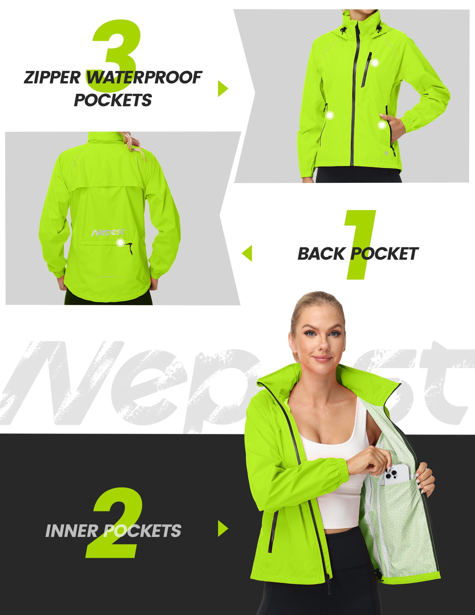 Nepest Fahrradjacke Wasserdicht Damen Regenjacke, 10k mm WassersäUle, 5.000 G/M²/24hr Atmungsaktiv Laufjacke, Leichte Faltbar Reflektierend Outdoorjacke mit 6 Taschen, für MTB Laufen Wandern