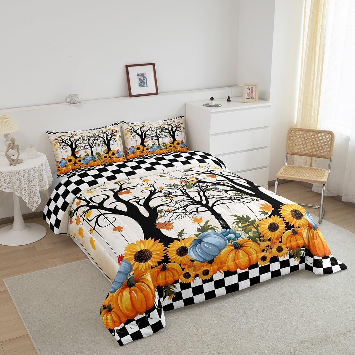 Manfei Maple Tree Comforter Set Queen Size, Autumn Pumpkin Sunflower Leaves Quilt Set with 2 Pillowcases, Black White Plaid Wooden Bedding Set 3pcs for Kids Girls Lightweight Duvet Insert