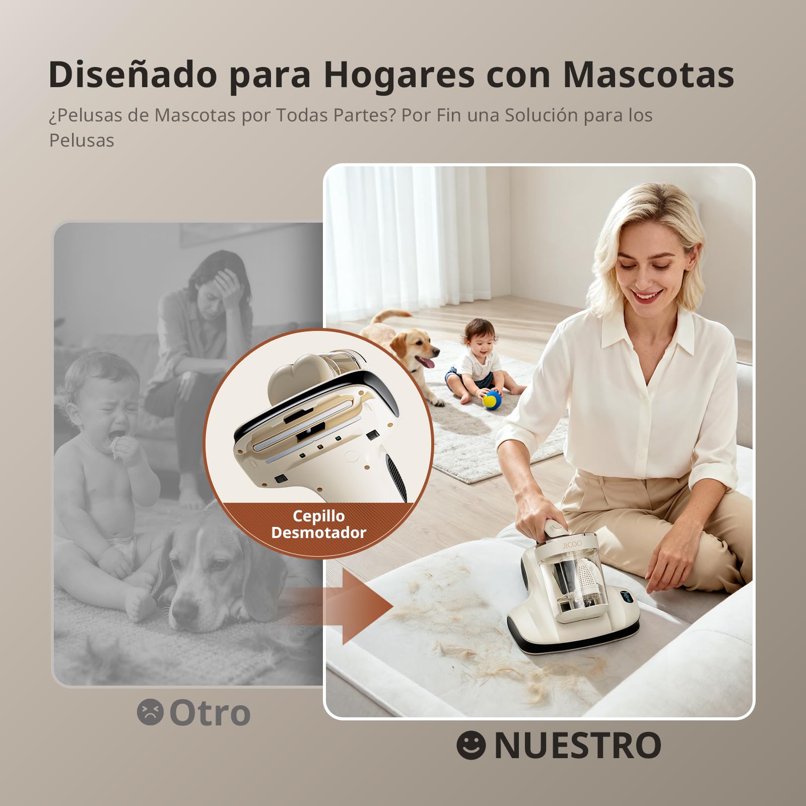 JIGOO S100 Aspirador de ácaros, Aspiradora Antiacaros para colchones con Sensor de ácaros, Pantalla LED, vibración, luz UV, ultrasonido, Elimina 99.9%, Especial Alergias, para Colchones y Sofás
