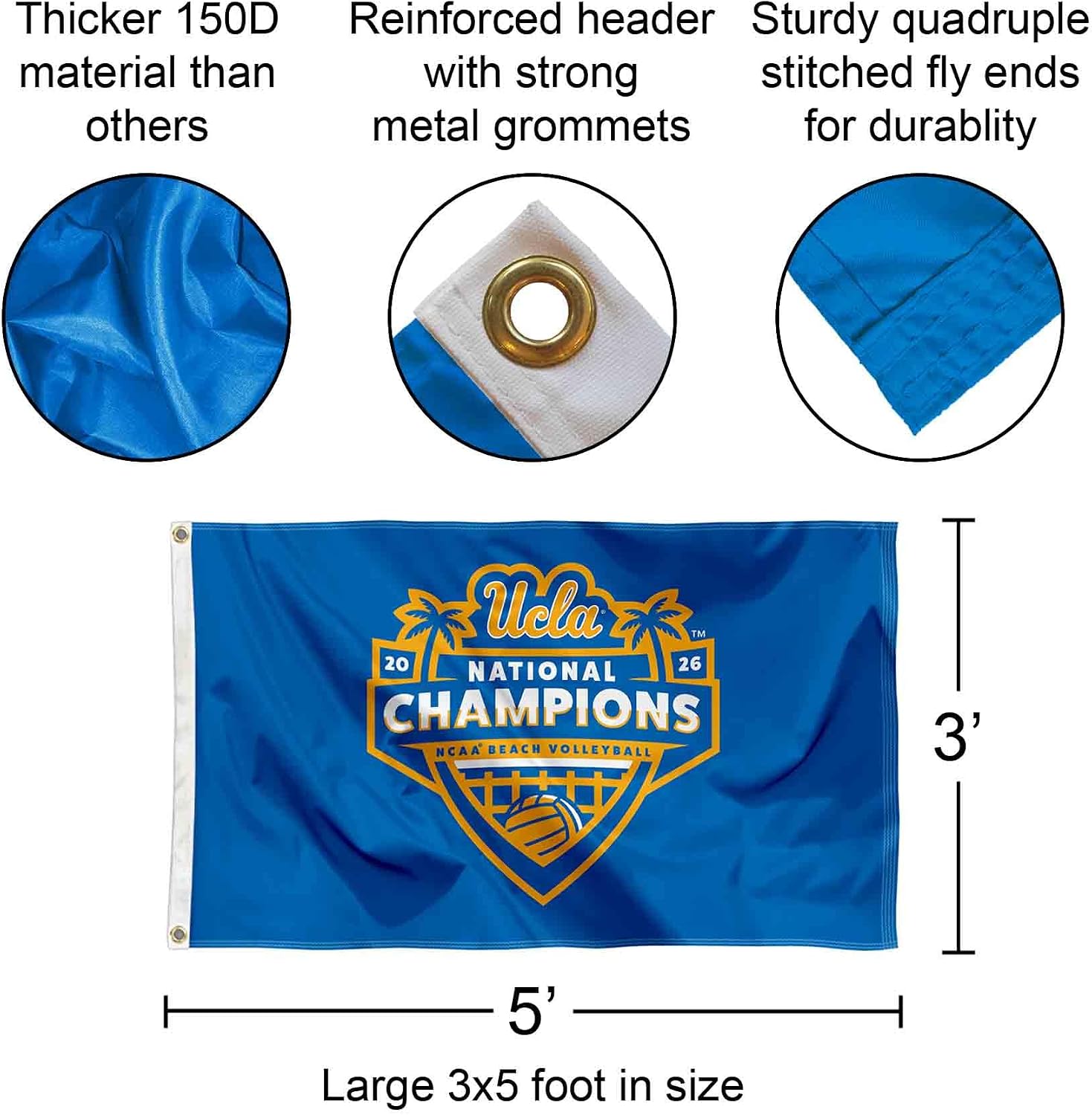 Bruins 2026 Women's Beach Volleyball National Champions 3x5 Grommet Flag