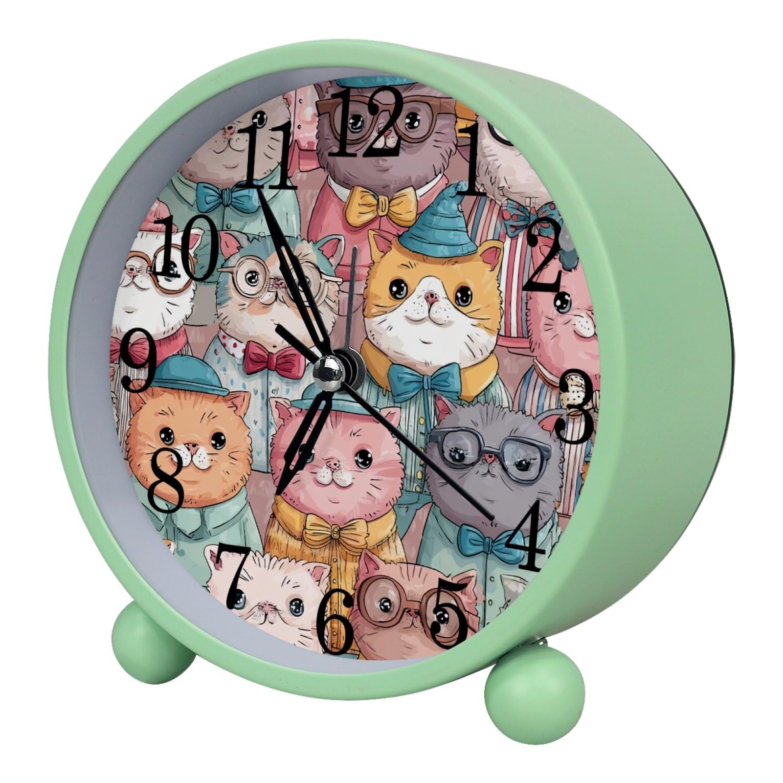 etoenbrc Anthropomorphic Cats Round Battery Operated Bedside Alarm Clock Non-Ticking Desktop Silent Analog Alarm Clock with Light