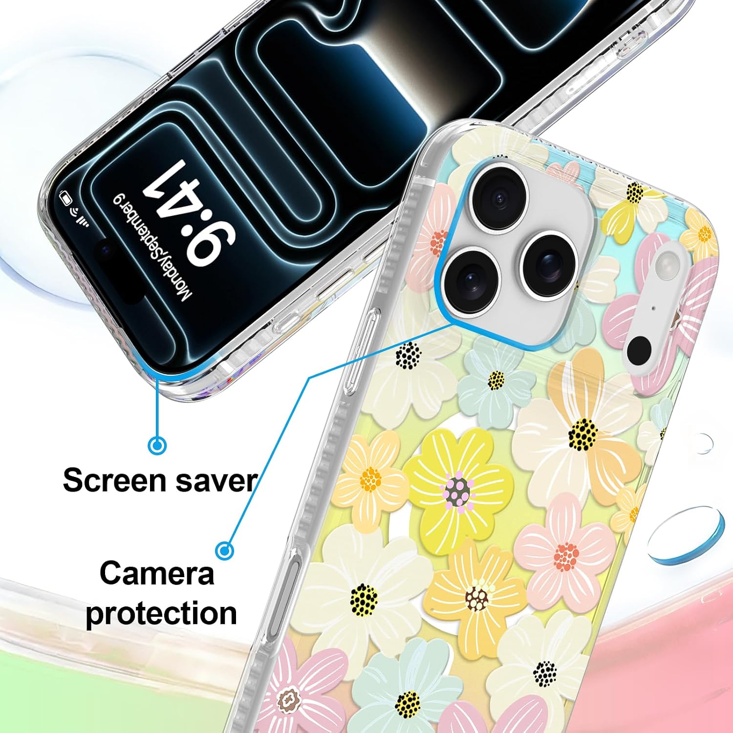 Iridescent Case for iPhone 17 Pro Max [Compatible with MagSafe] Cute Aesthetic Glitter Floral Flowers Pattern Design for Women Man Soft TPU and PC Back Protective Slim Phone Case