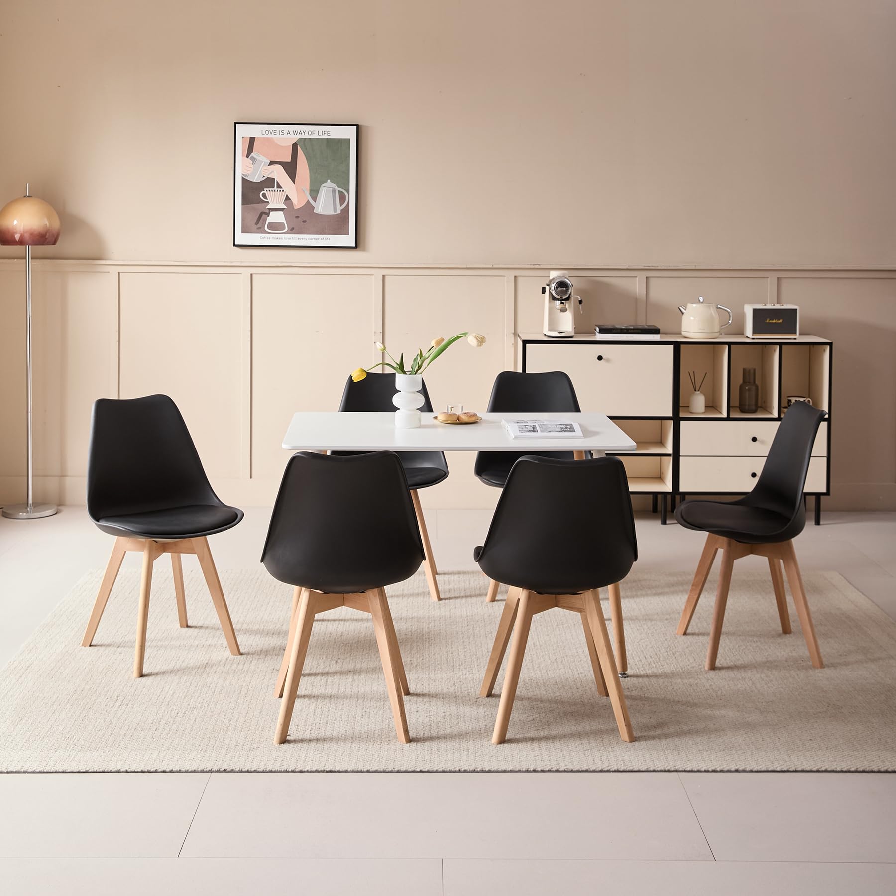 GrandCA HOME Tavolo da Pranzo Moderno e 6 Sedie da Pranzo, Tavolo da Cucina Rettangolare con Struttura di Giunzione (6 Sedie Nero+1 Tavolo)