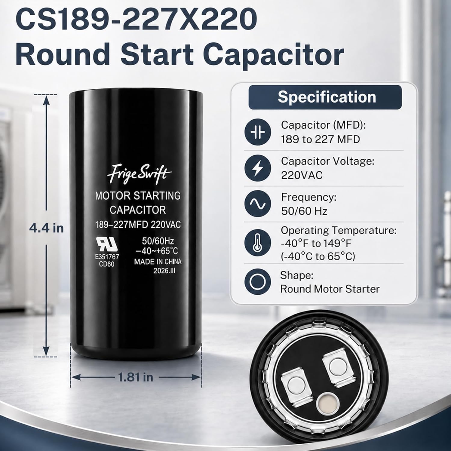 189 to 227 MFD 220VAC CS189-227X220 Round Start Capacitor Replacement Part