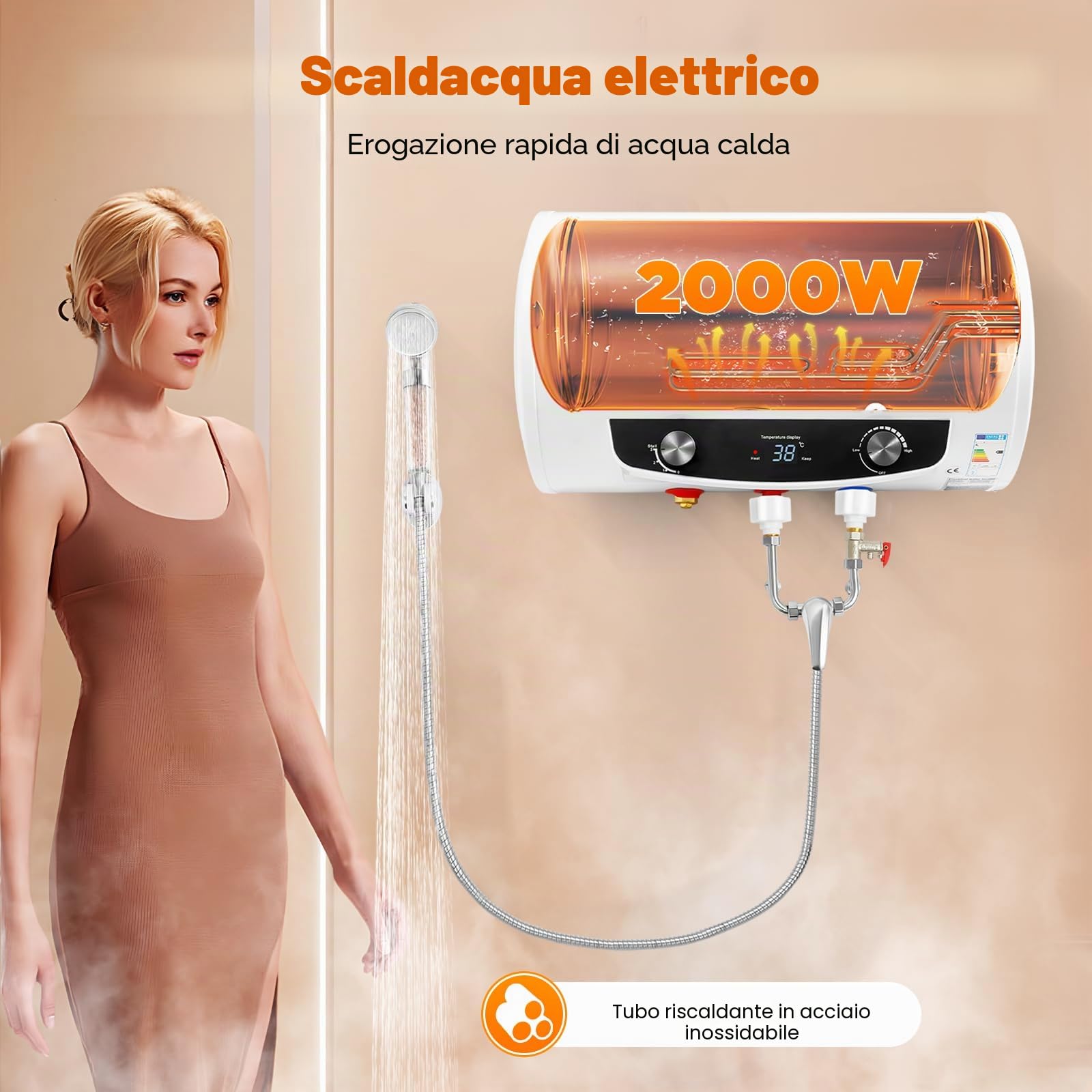 Scaldabagno elettrico, scaldabagno elettrico, 220 V, 2000 W, scaldabagno istantaneo con doccetta e tubo orizzontale 25 – 75 °C per bagno, parrucchieri