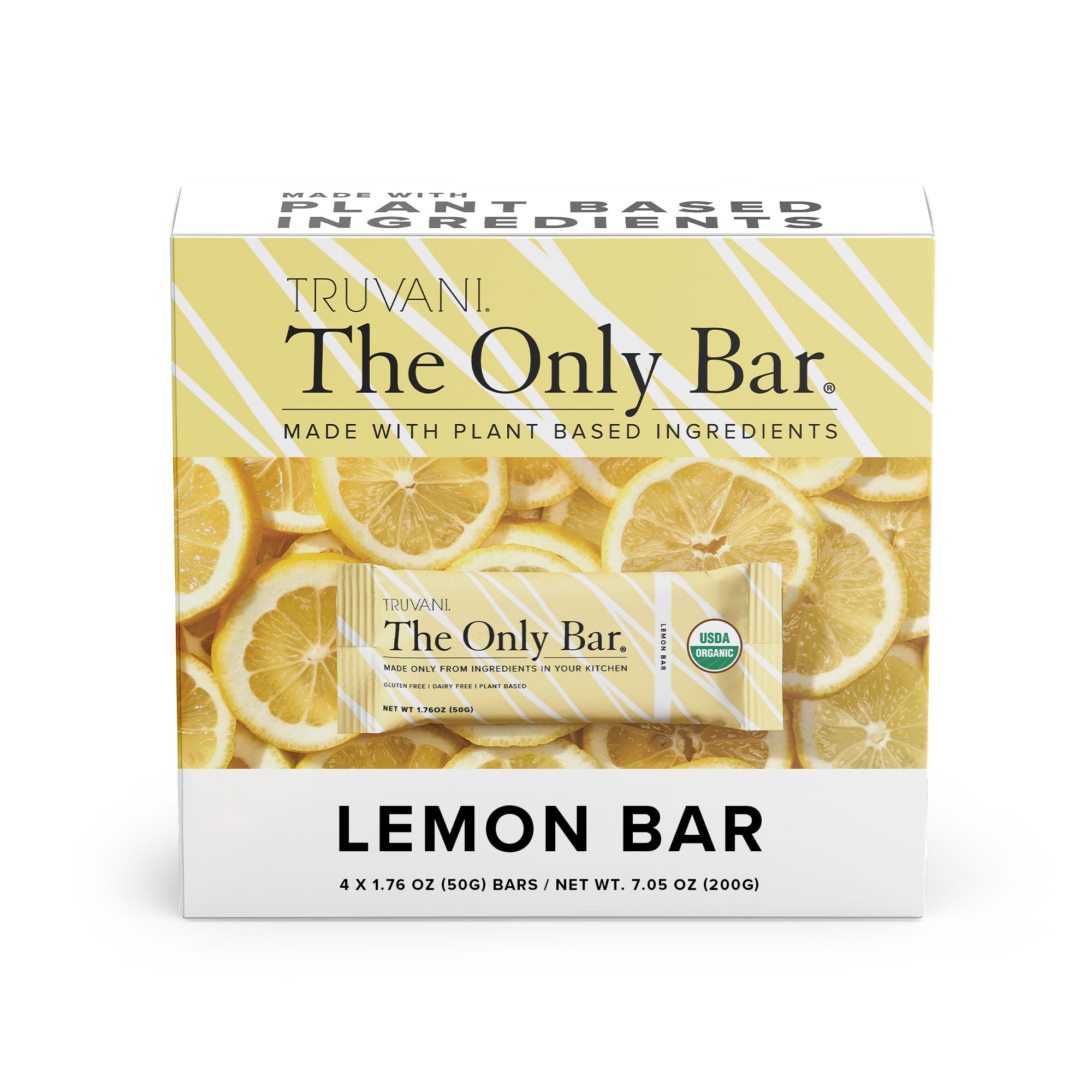 Truvani Plant Based Snack Bars | Lemon Bar 4 Pack | 6g Protein | USDA Organic and Vegan | The Only Bar | Dairy, Soy, and Gluten Free | Individually Wrapped