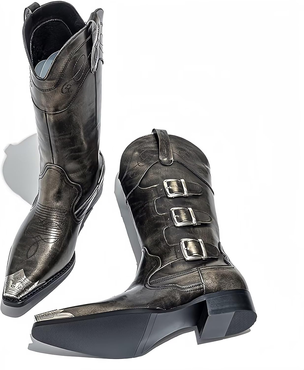 Men’s Western Cowboy Boots with Triple Buckle Straps, Pointed Toe, Durable Leather Riding Boots