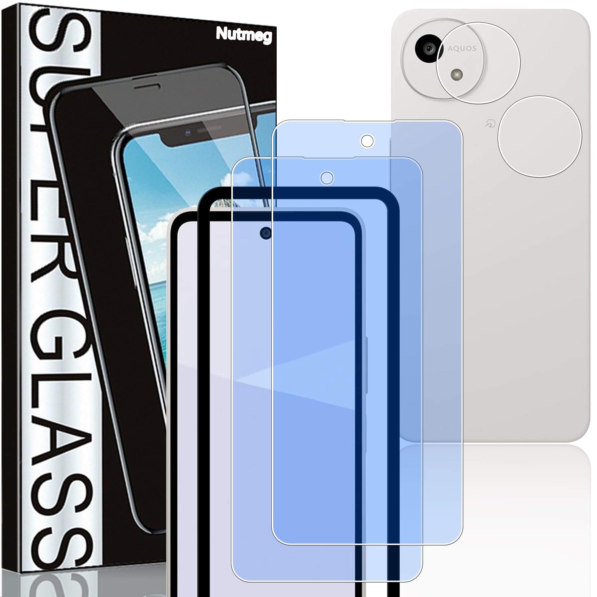 Nutmeg 対応 AQUOS Wish 6 用 ガラスフィルム ブルーライトカット 2+2枚セット レンズ保護付 ガイド枠付き