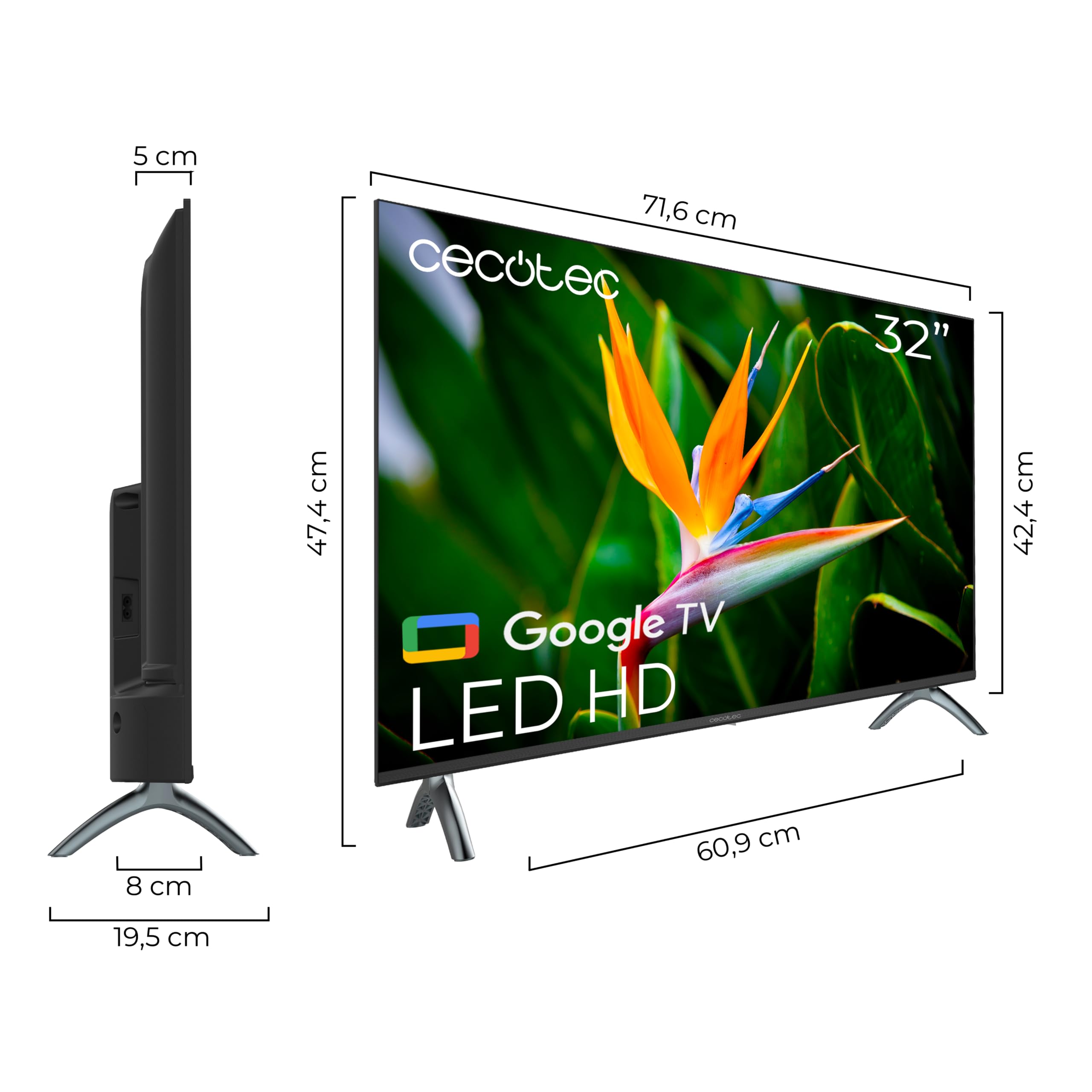 Cecotec Smart TV, Televisor LED de 32 Pulgadas Resolución HD A4 Series ALH40032S. Sistema Operativo Google TV, Dolby Audio, HDR10, 16 GB de ROM, Bluetooth, Google Voice Assitant y Chromecast