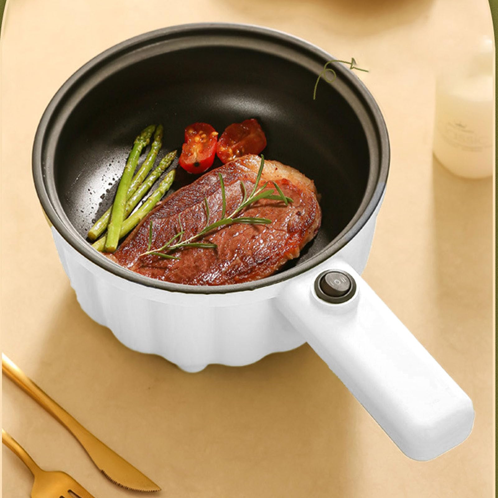 Cuisson à la Vapeur, ébullition Et Cuisson Hot Pot électrique | Cuisinière électrique Multifonctionnelle Avec Poêle Antiadhésive à Long Manche(Blanc)