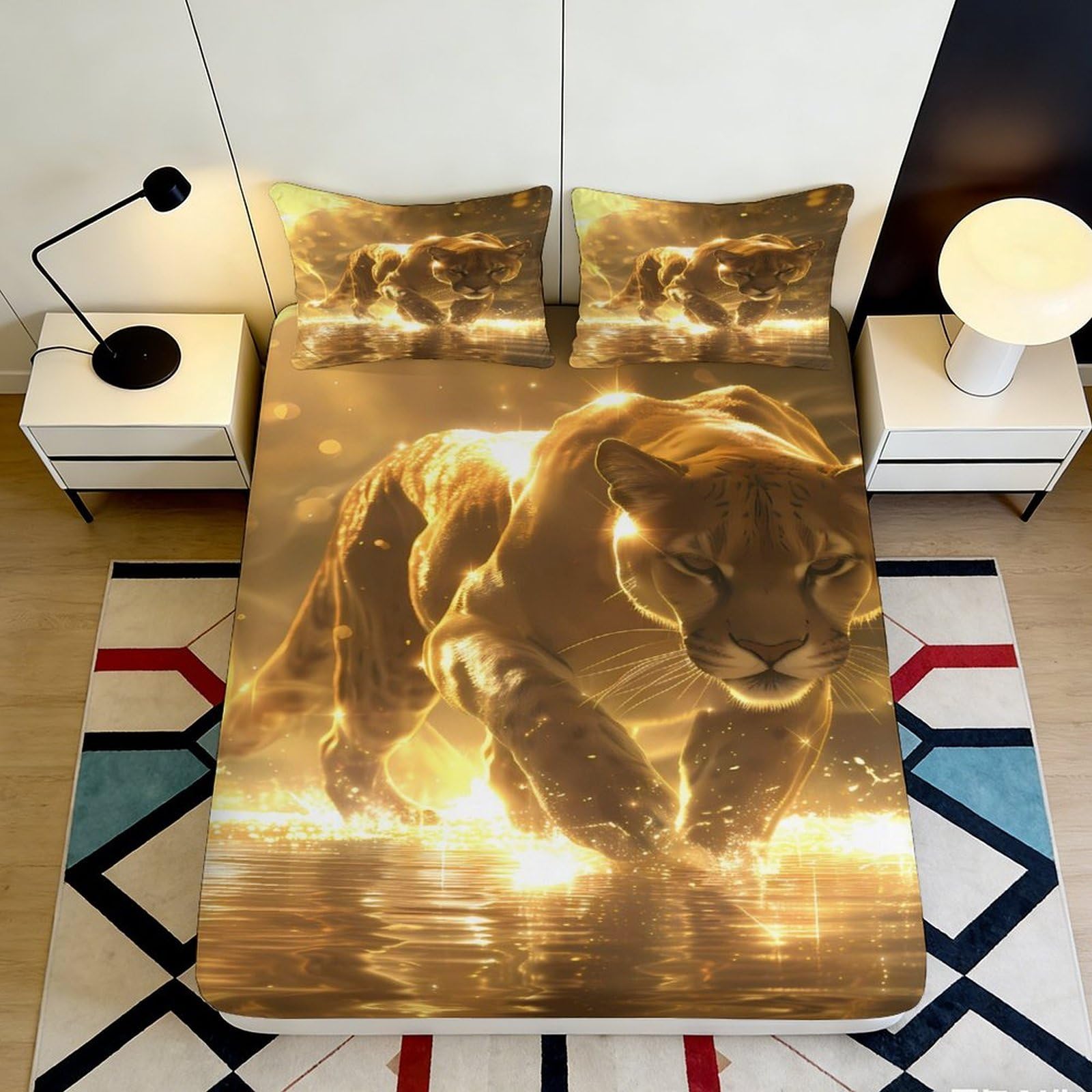3D Printed Golden Lion Fitted Sheet Microfiber Soft Durable Wild Cat Bed Cover for Bedroom Guest Room Decor 90x200x25cm
