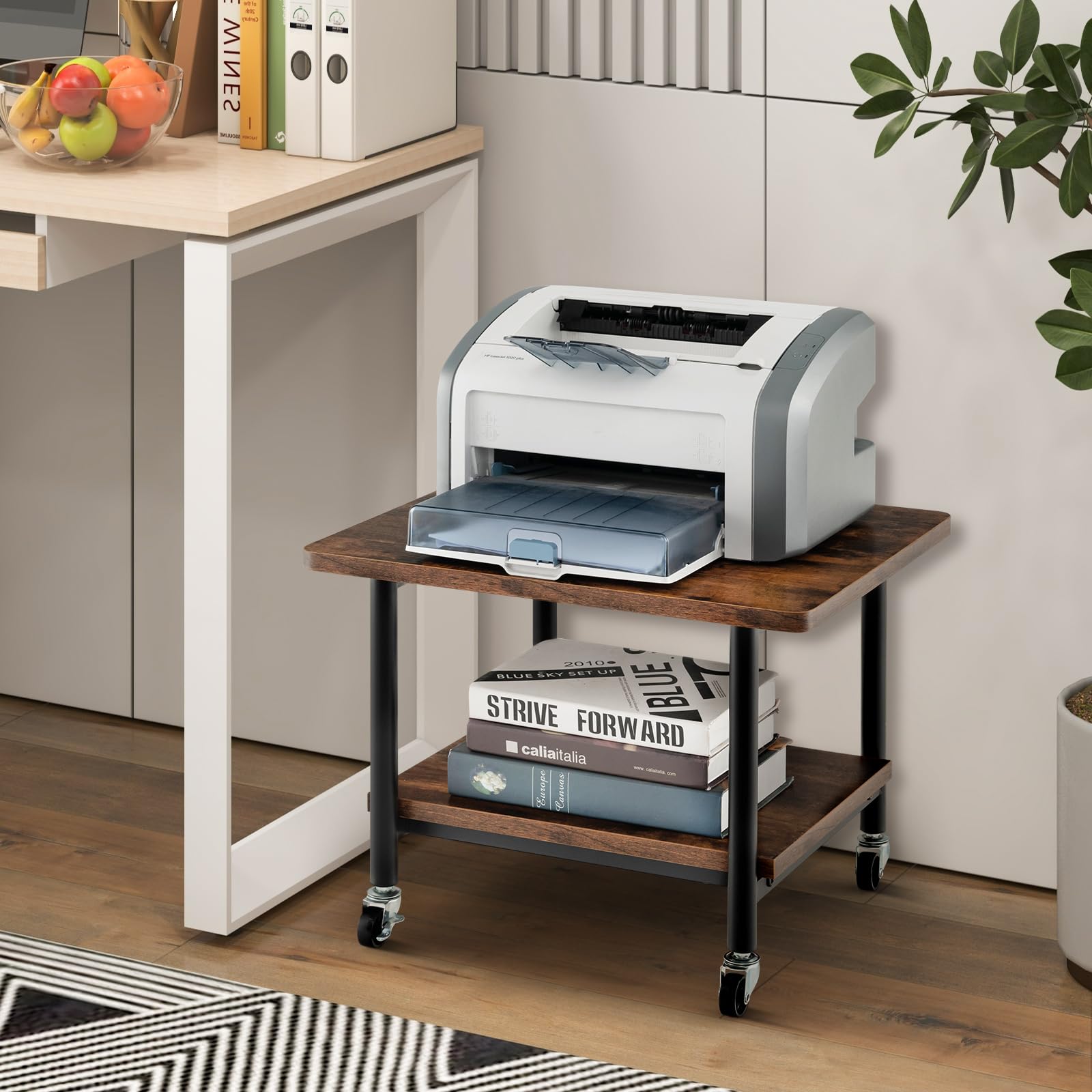 COSTWAY Supporto per Stampante, Carrello Stampante con Ruote Girevoli a 360⁰, Design Rimovibile, Superficie Ampia e Liscia, di Legno e Acciaio, 49 x 40 x 37 cm (Marrone)