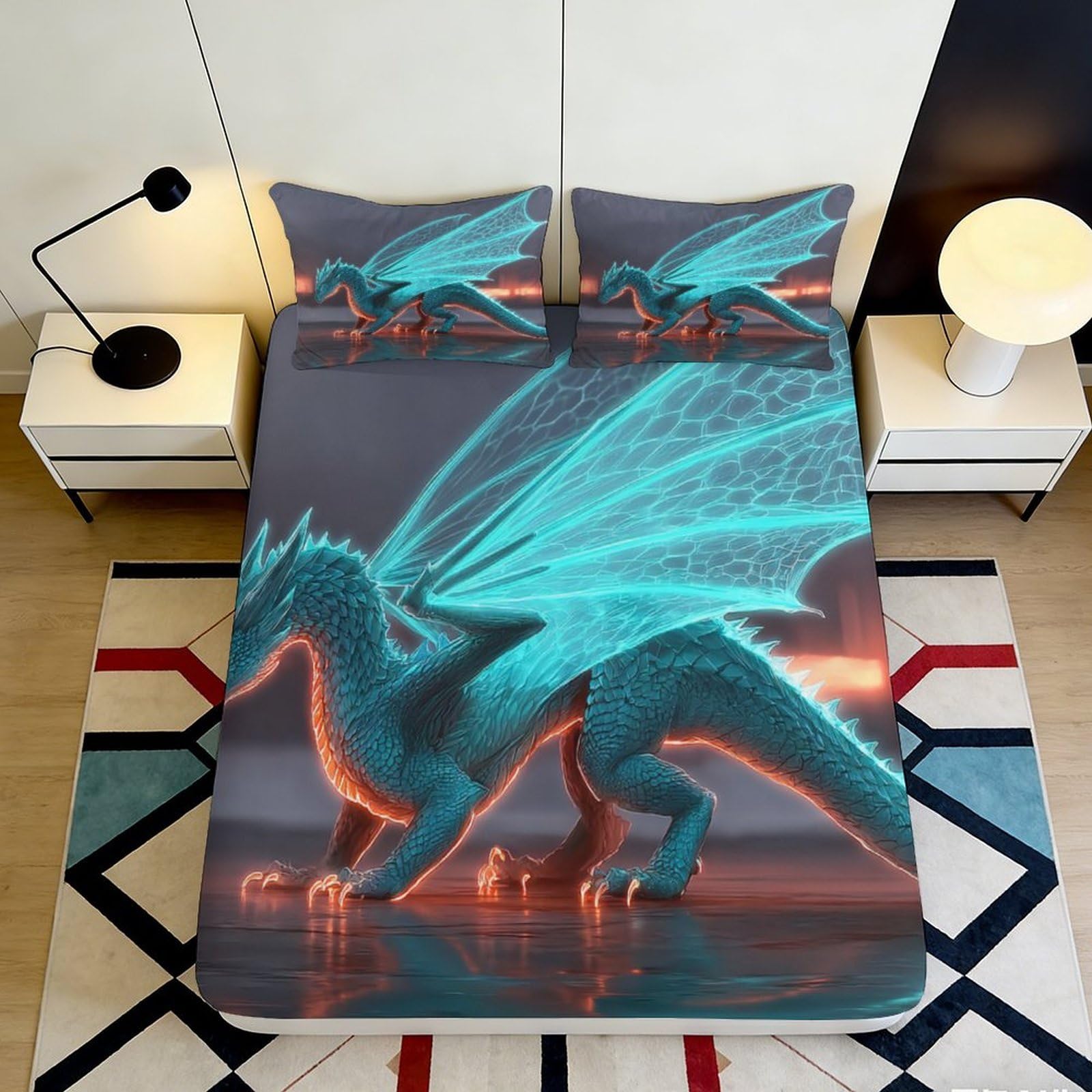 3D Printed Neon Blue Dragon Fitted Sheet Microfiber Soft Breathable Fantasy Fire Bed Cover for Bedroom Guest Room 90x200x25cm