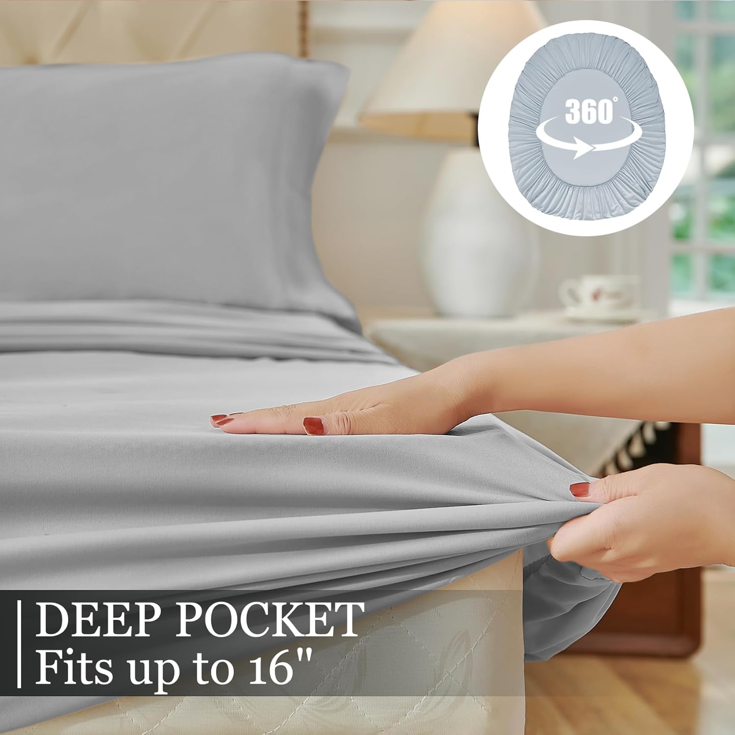 Yibeizi Queen Sheet Set Cooling Sheets Deep Pocket Queen Size Bed Sheets Set, Light Grey Soft Microfiber Oeko-Tex Sheets & Pillowcases Hypoallergenic Wrinkle Free Bedsheets