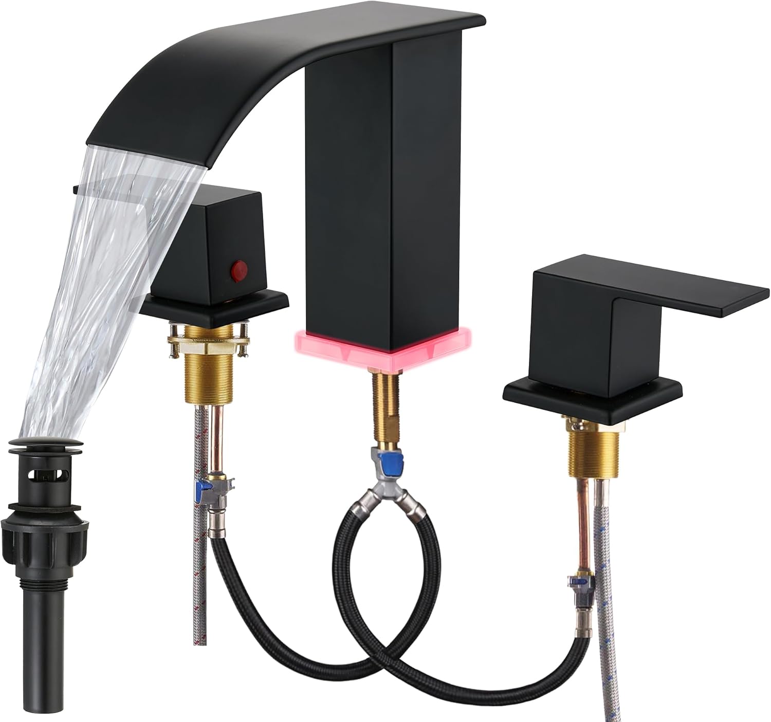 Bathroom Faucets 8 Inch Widespread Bathroom Sink Two Handles Matte Black Modern 3 Hole Waterfall Vanity Sink Faucet for 3 Hole with LED Light with Pop Up Drain