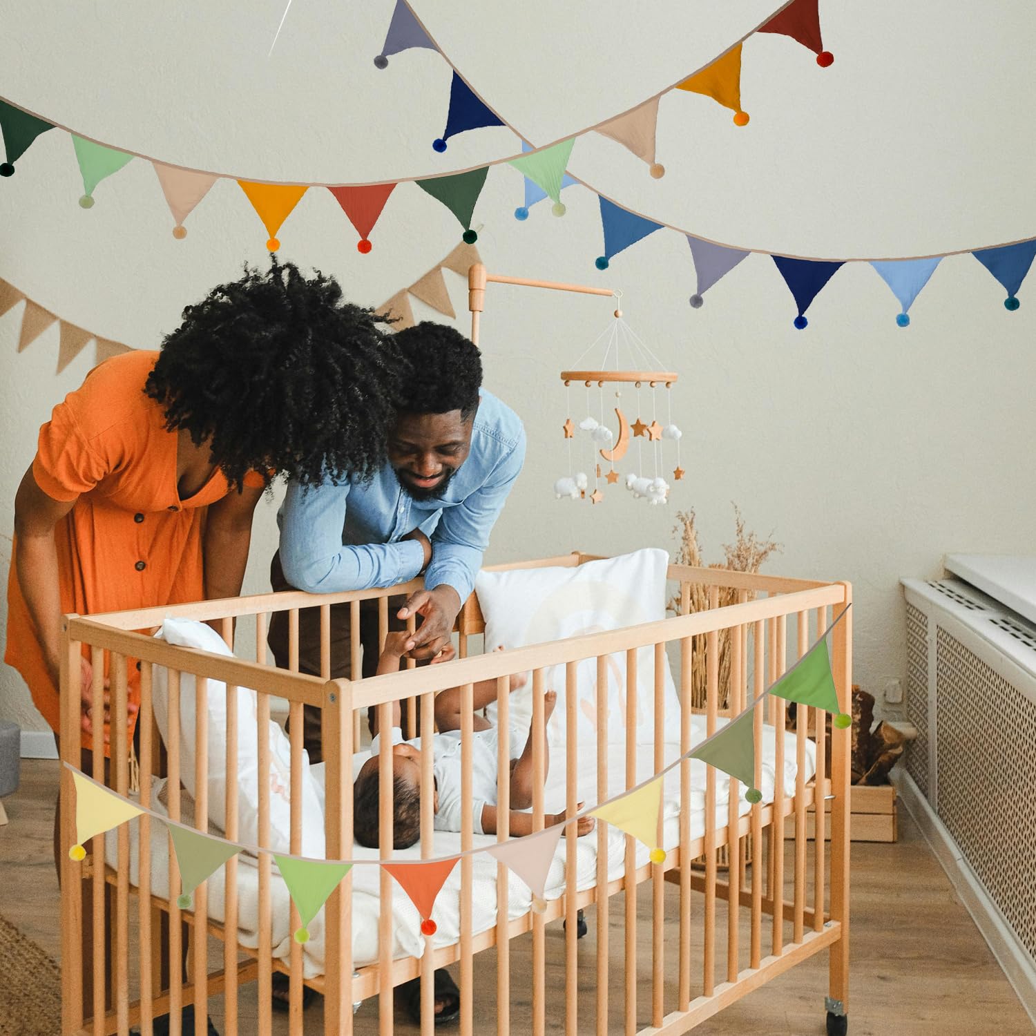 Fabric Bunting Banner, 2 Pack Handmade Neutral String Banner with Felt Ball Each 8.5 ft 10 Flags Nursery Wall Hanging Wedding Birthday Home Baby Shower Party Decoration Bunting (Pink Candy 2 Pack)