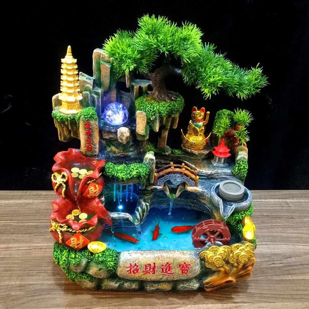 Tabletop Waterfall Fountain Lucky Mountain Flowing Water Desktop Fountain Rockery Flowing Water Ornaments Fountain Living Room Home Interior Decoration Water Fountains Indoor (A)