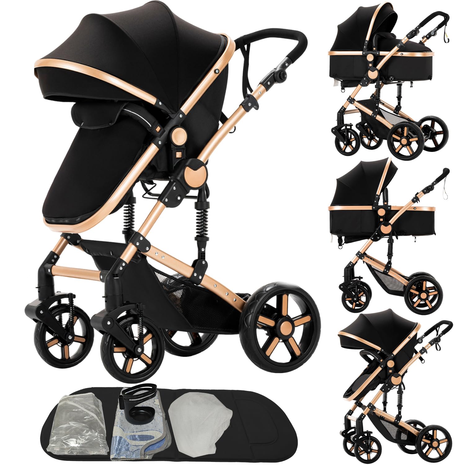 2 in 1 Baby Stroller Convertible Reversible Standard Pram Portable Pushchair Infant Buggy Baby Carriage Foldable High Landscape Pram for Toddler