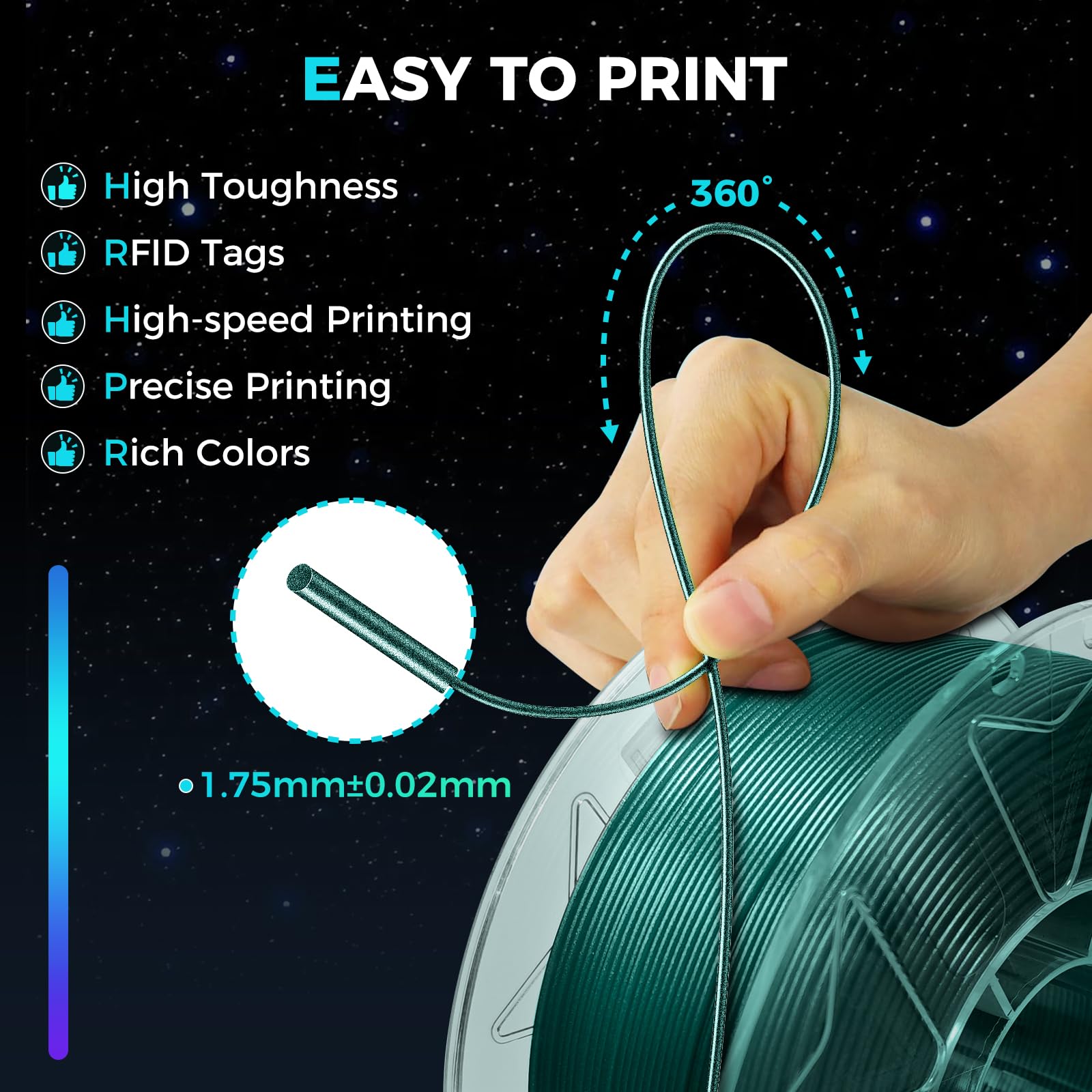 Creality PLA-Filament, Hyper PLA-RFID-3D-Drucker-Filament, hohe Geschwindigkeit, 30–600 mm, 1 kg, Spulen-Filament, unterstützt CFS, passend für K2 Plus Combo und die meisten 3D-Drucker, Sternengrün