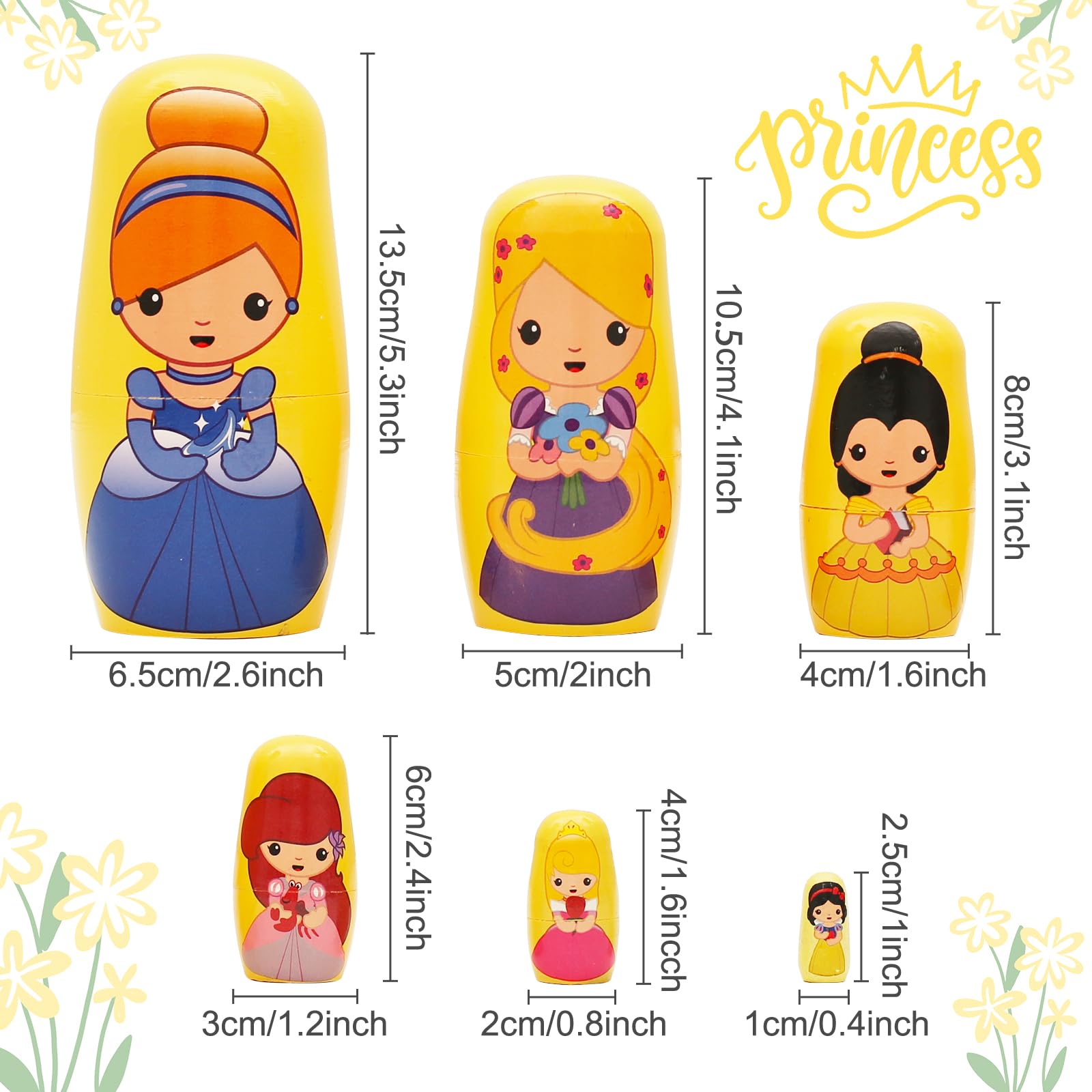 NEPOG Princess Nesting Dolls for Girls Kids, 5 Pcs Princess Girls with Dress Handmade Wooden Nesting Dolls Matryoshka Doll for Kids Birthday Home Decoration