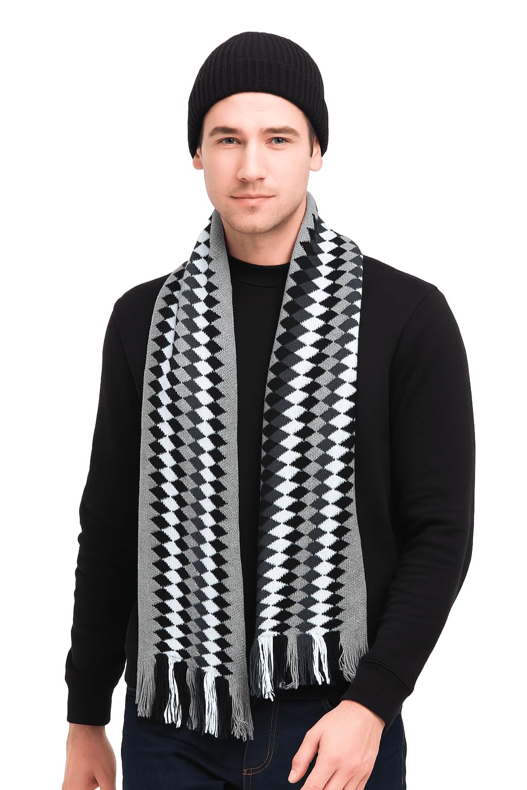 Men’s Winter Woolen Muffler | Geometric Diamond Pattern Scarf with Fringes | Soft & Warm Neck Wrap for Casual & Formal Wear grey & black pack of 1-image-14
