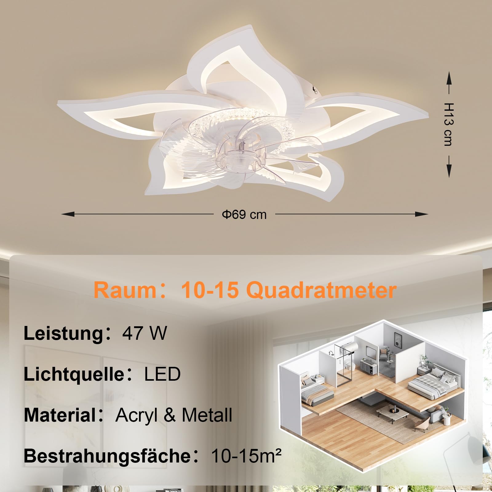 LED Deckenventilator mit Licht Leise, 69 cm Deckenventilator mit Beleuchtung Dimmbar (3000K-6000K), App & Fernbedienung, für Schlafzimmer/Wohnzimmer, 47W, Weiß