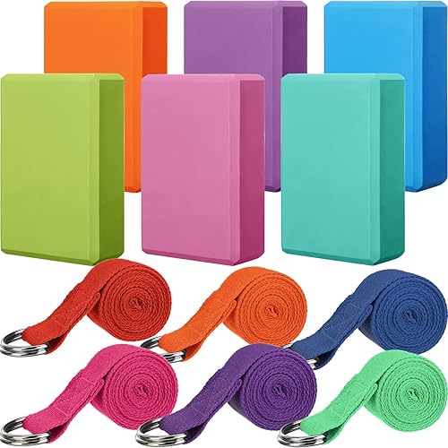 Junkin 12 bloques de yoga con juego de correa, 9 x 6 x 3 pulgadas, bloques de yoga de espuma EVA de 72 pulgadas, correa de yoga ajustable, bandas