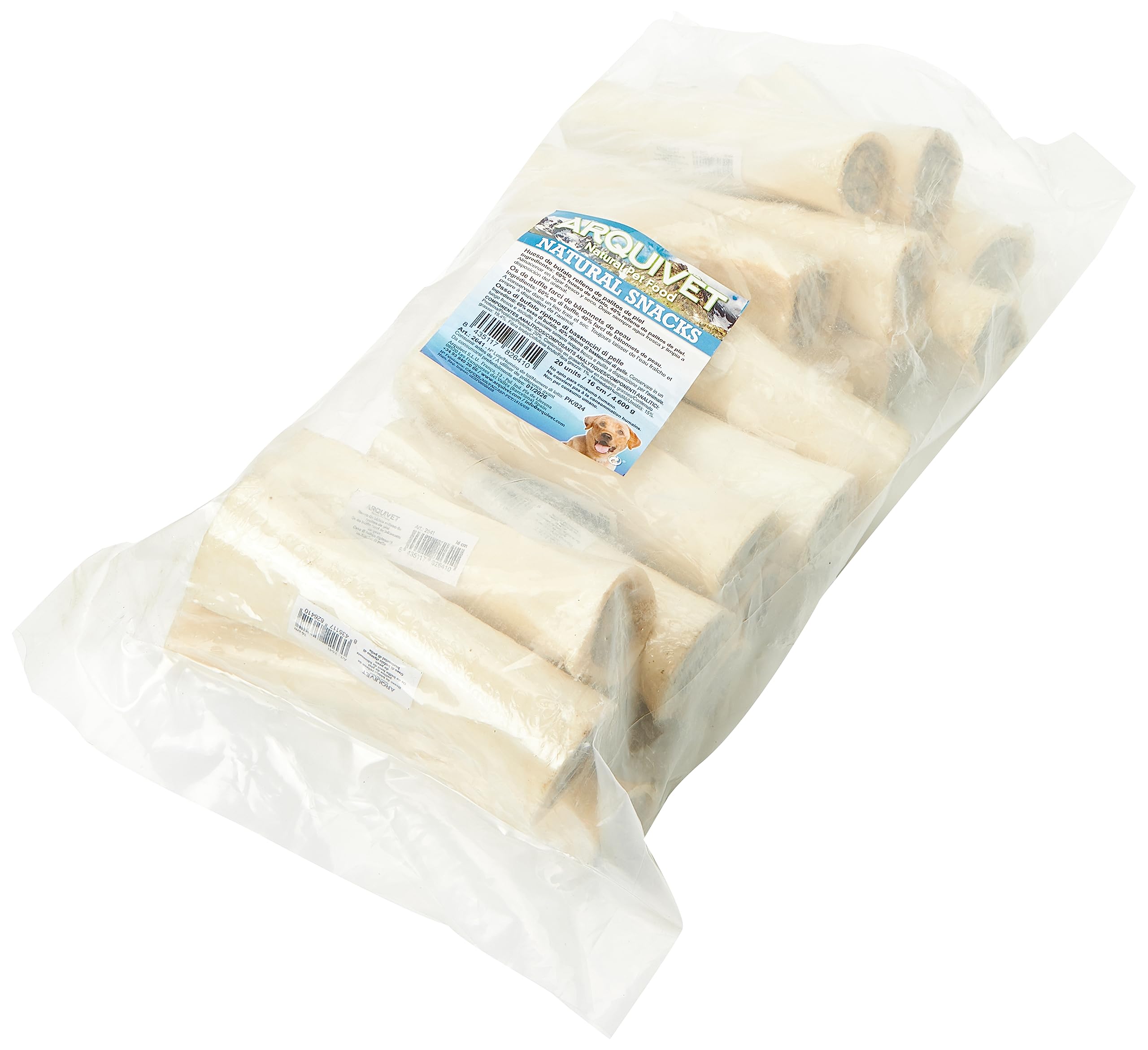 ARQUIVET Hueso de búfalo Relleno de palitos de Piel - 16 cm - Caja expositora de 20 Unidades - 4.600 g - Snack Natural para Perros