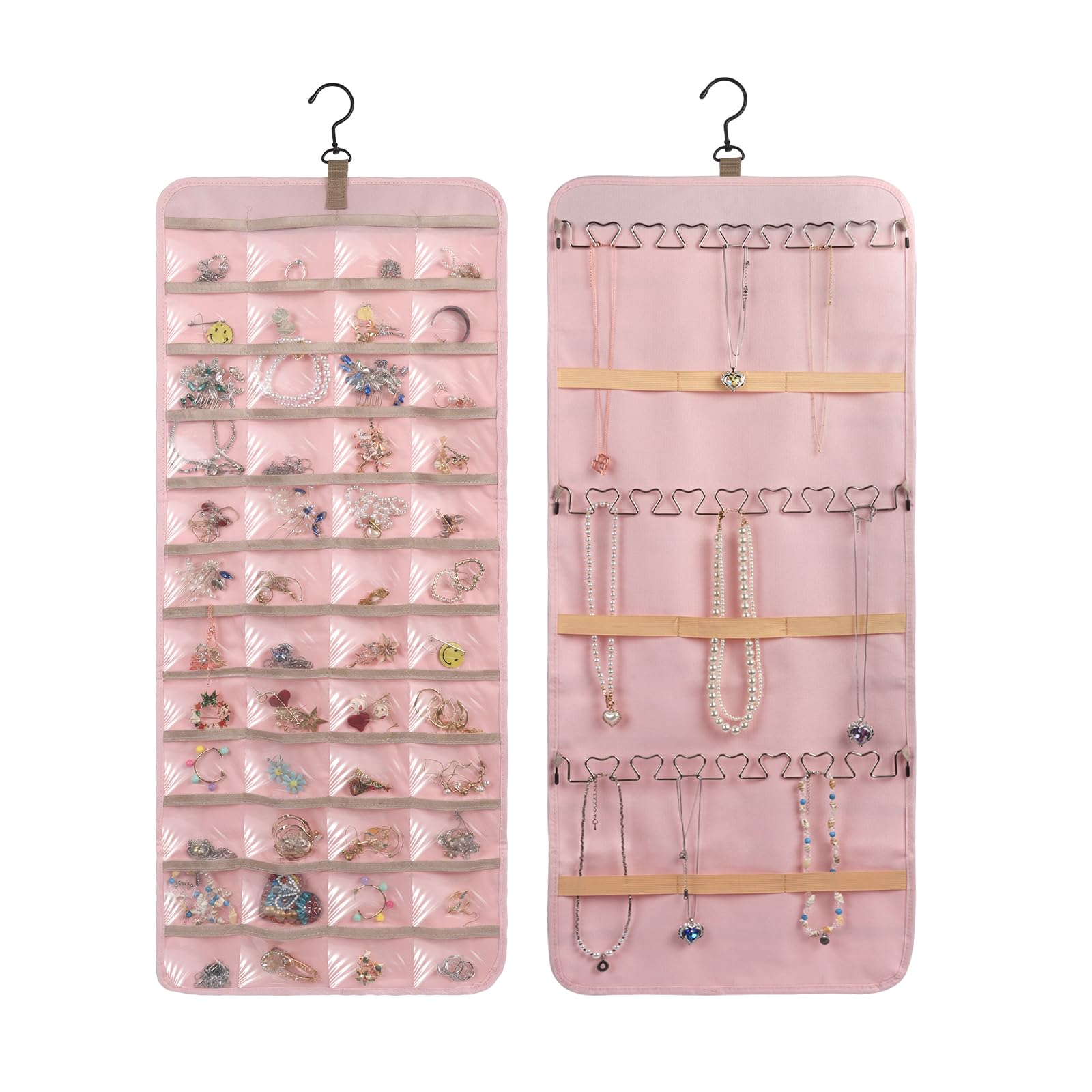Dual-Sided Jewelry Organizer Hanging, Necklace Holder jewellery Storage with Metal Hooks, Anti-tangle Rings Earrings Hanger Organizer, 48 Pockets and 3 Wave-Shaped Hooks Travel Jewelry Roll