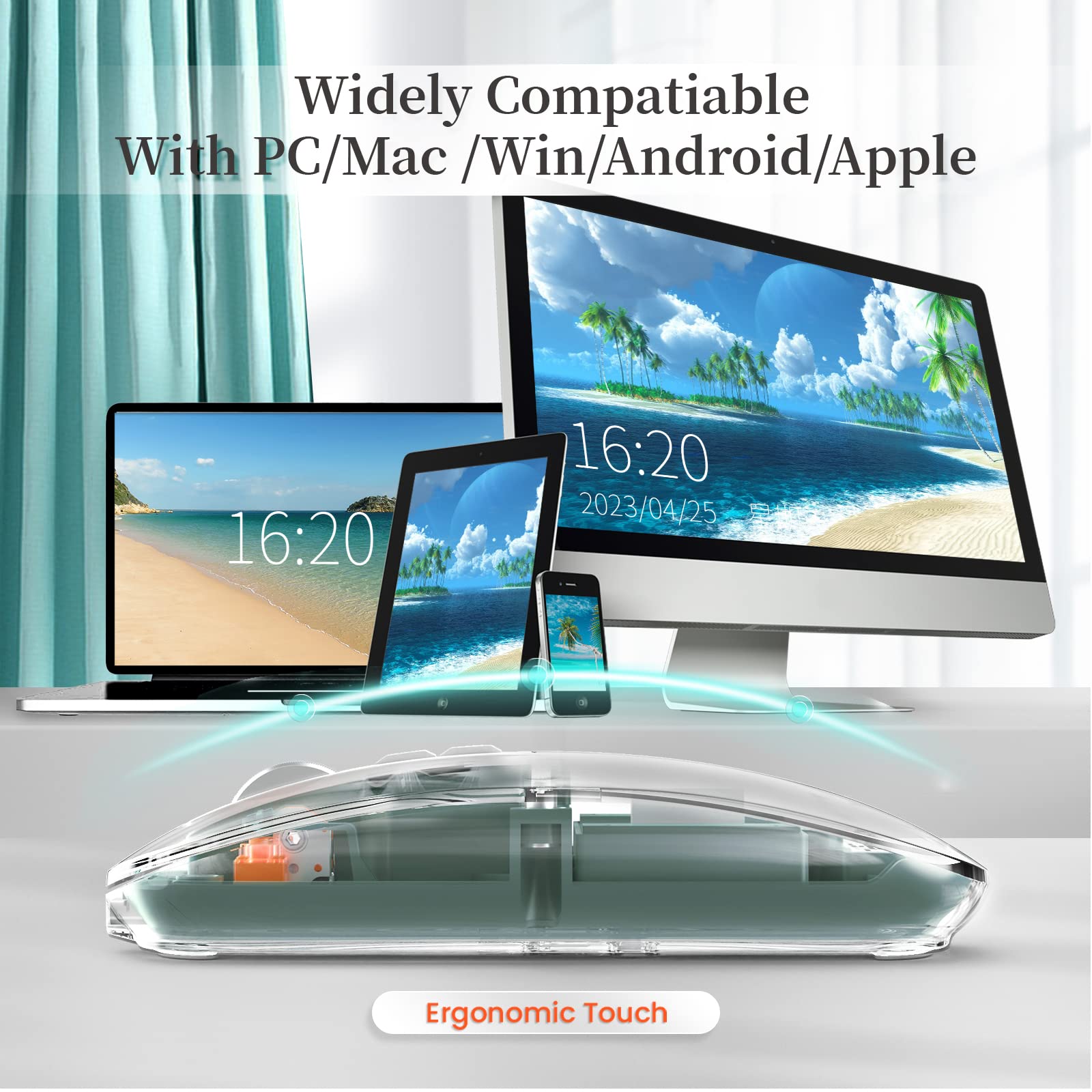 AJAZZ Mini mouse senza fili Bluetooth 5.1 e 2.4G, leggero, trasparente, trasparente, silenzioso, ricaricabile, ricevitore nano USB C, batteria LED Magic Silm per ufficio/PC/Mac/Laptop/Apple/iPad