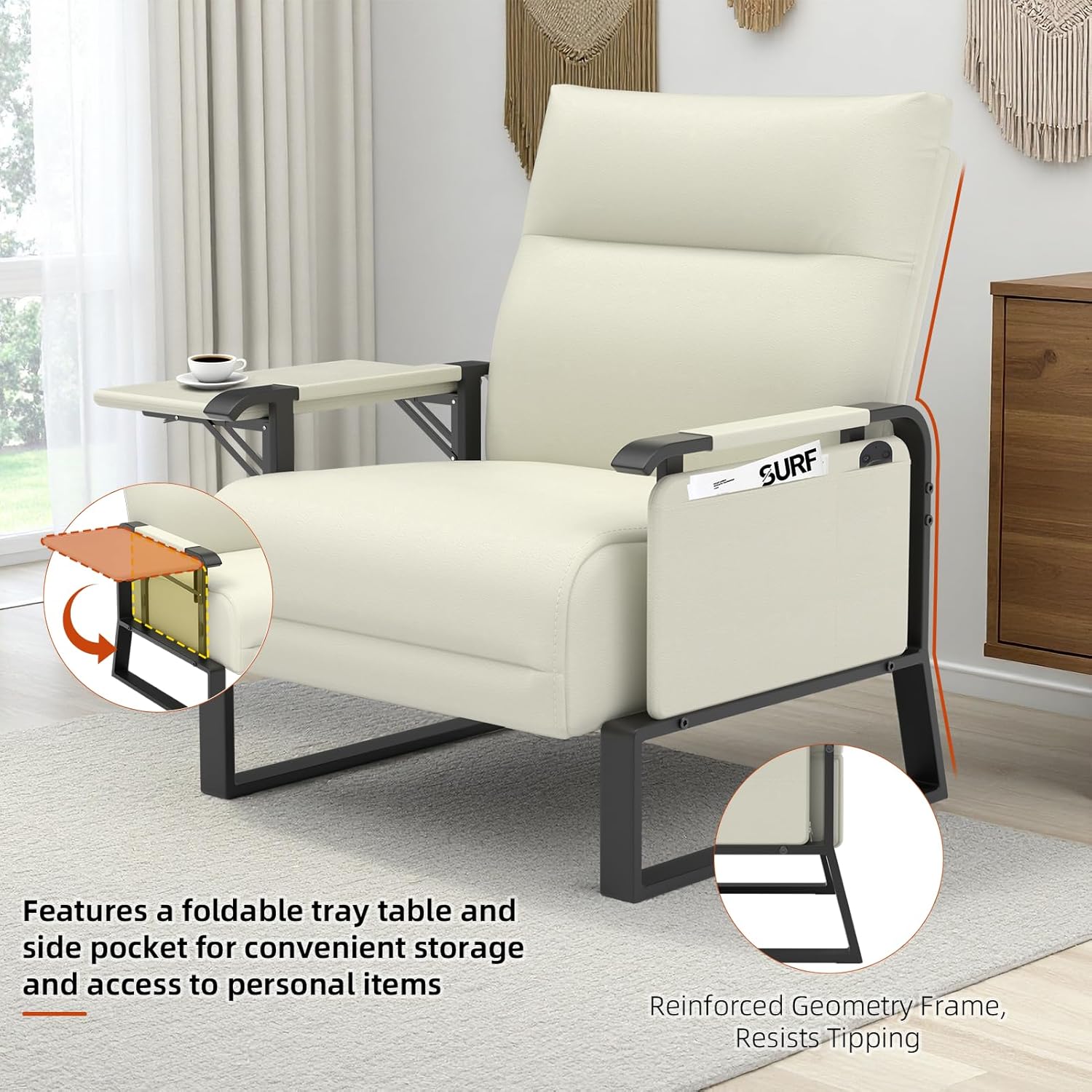 Upholstered Accent Chair, Modern Faux Leather Sofa Chair with Foldable Side Tray Table & Storage Pocket, Small Accent Sofa for Living Room, Bedroom, Reception Room, Beige